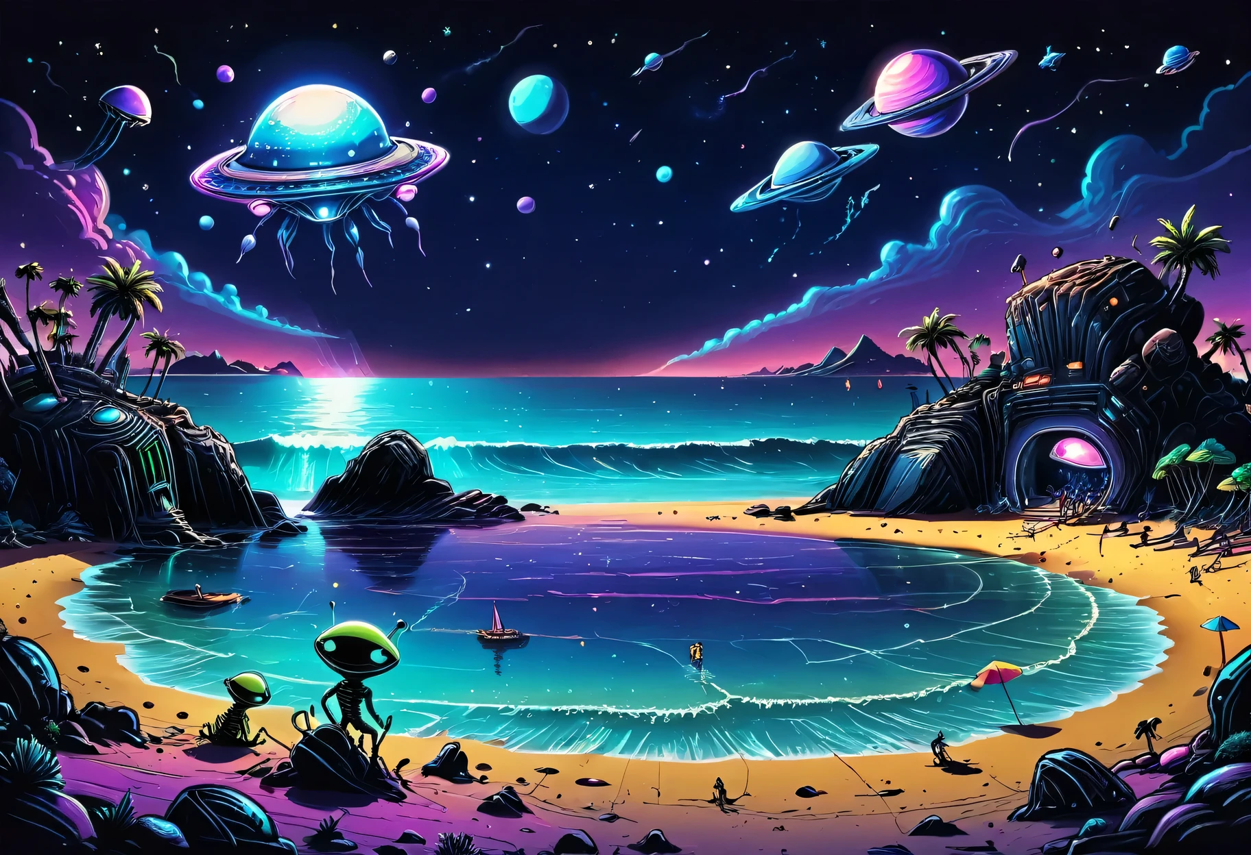 Beach party, night, alien planet, alien fauna, alien sea beach, alien technology, alien planets and unknown constellations in the night sky, fantastic Beach Party on an alien planet, alien fantastic scenery and stage, alien beach party lights, ultraviolet, neon, strobe, cinematic frame, extremely detailed, (hand-drawn style cartoon)