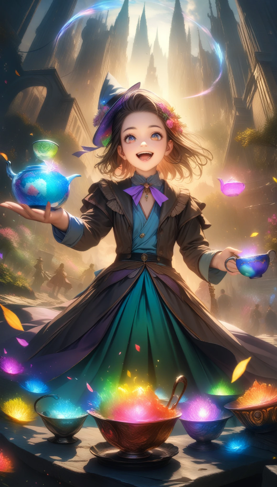 32k, best quality, ultra high res, HDR, UHD, extremely detailed CG, unity 32k wallpaper, masterpiece, highest quality, magic使いのティーパーティー, magic tea party, magic, Little, Handsome witch, Highly detailed realistic eyes, Happy, Vibrant, colorful,