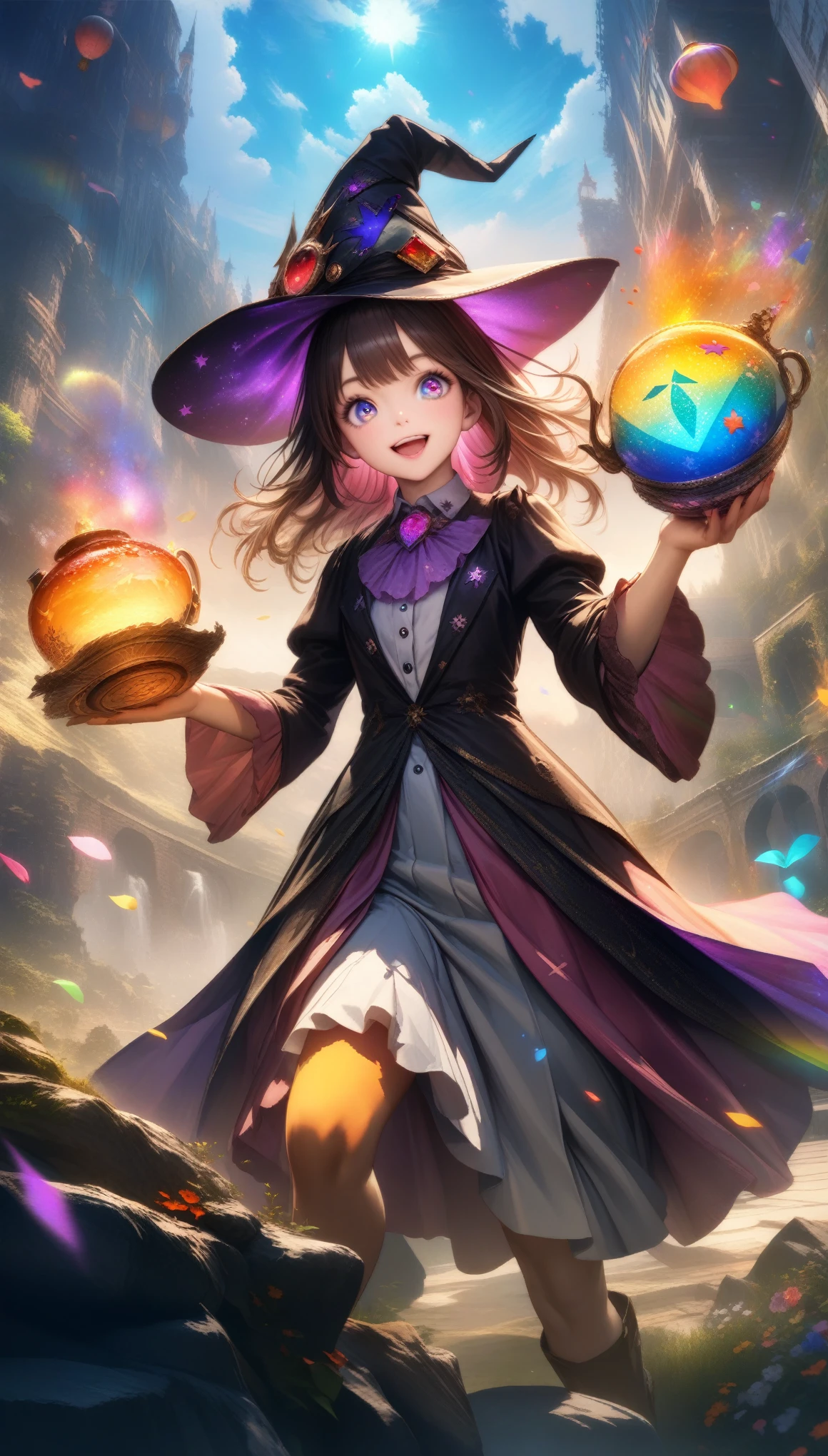 32k, best quality, ultra high res, HDR, UHD, extremely detailed CG, unity 32k wallpaper, masterpiece, highest quality, magic使いのティーパーティー, magic tea party, magic, Little, Handsome witch, Highly detailed realistic eyes, Happy, Vibrant, colorful,