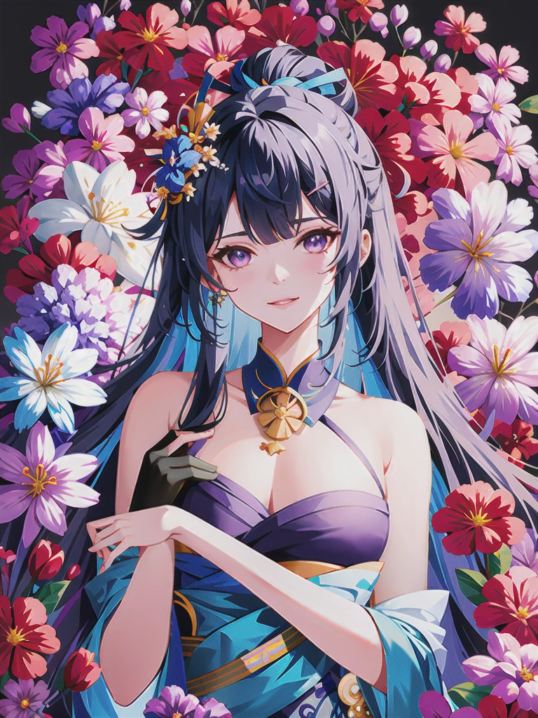 1girl, blue_hair,  bangs, bare_shoulders, black_gloves, blue_flower, bow, breasts, camellia, covering_mouth, daisy, eyebrows_visible_through_hair, floral_background, flower, flower_\(symbol\), ganyu_\(genshin_impact\), gloves, hair_flower, hair_ornament, hat_flower, hibiscus, holding_flower, hydrangea, lily_\(flower\), long_hair, looking_at_viewer, lotus, petals, pink_flower, purple_eyes, purple_flower, red_flower, smile, snowflake_background, snowflakes, solo, upper_body, white_background, white_flower 