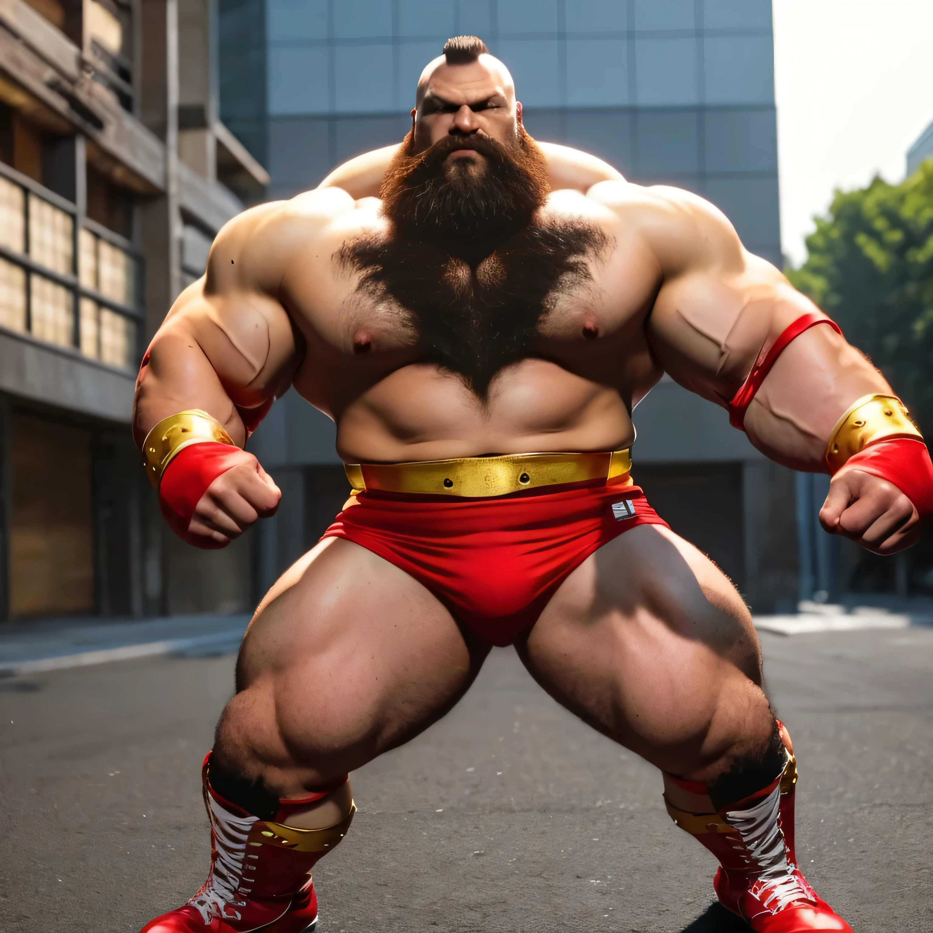 zangief,a man with a beard and a golden belt, fighting game character, street fighter 5,muscled humanoid,heavy looking,buff man,wrestler,Red short briefs,capcom,street fighter,shirtless,muscular male,chest hair,visually weighty,bearded man,mohawk hair,no wristband,Red Wrestling Boots((best quality)), ((masterpiece)), (detailed), perfect face