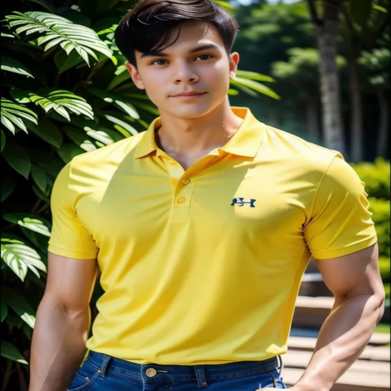 ภาพระยะใกล้ของชายสวมเสื้อเชิ้ตyellowและกางเกงยีนส์, wearing a polo shirt, sports clothes, สวมเสื้อยืดyellowทันสมัย, sports clothes, Charming and good looking, Profile picture, handsome and attractive, ด้วยผ้าyellow, short sleeve, Medium shot of the big man., outdoor, handsome male, เสื้อผ้าyellow, Professional sports style, yellow, handsome