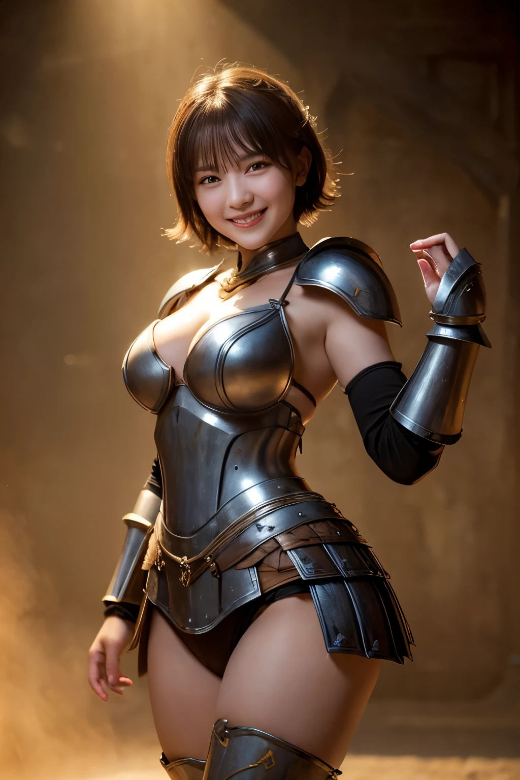 highest quality, masterpiece, Ultra-high resolution, (Reality: 1.4), Original photo, 1 woman, mature, happy smile, short hair, plump body, , Cinema Lighting, from below,Medieval warrior、Armor with an open chest、Wide-open legs、Shameful pose、wariza