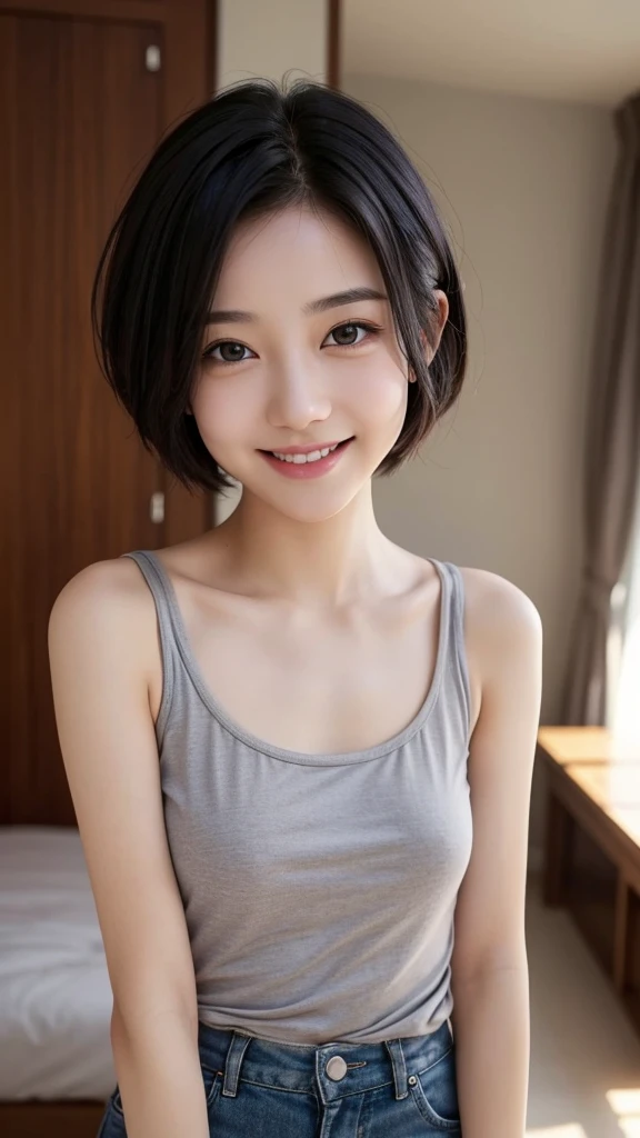 highest quality、Realistic、girl、zoom、cute、Grey Eyes、Black Hair、the forehead is protruding、short hair、Tank top、Shorts、Looking down、smile、Bust Shot、thin、Small breasts