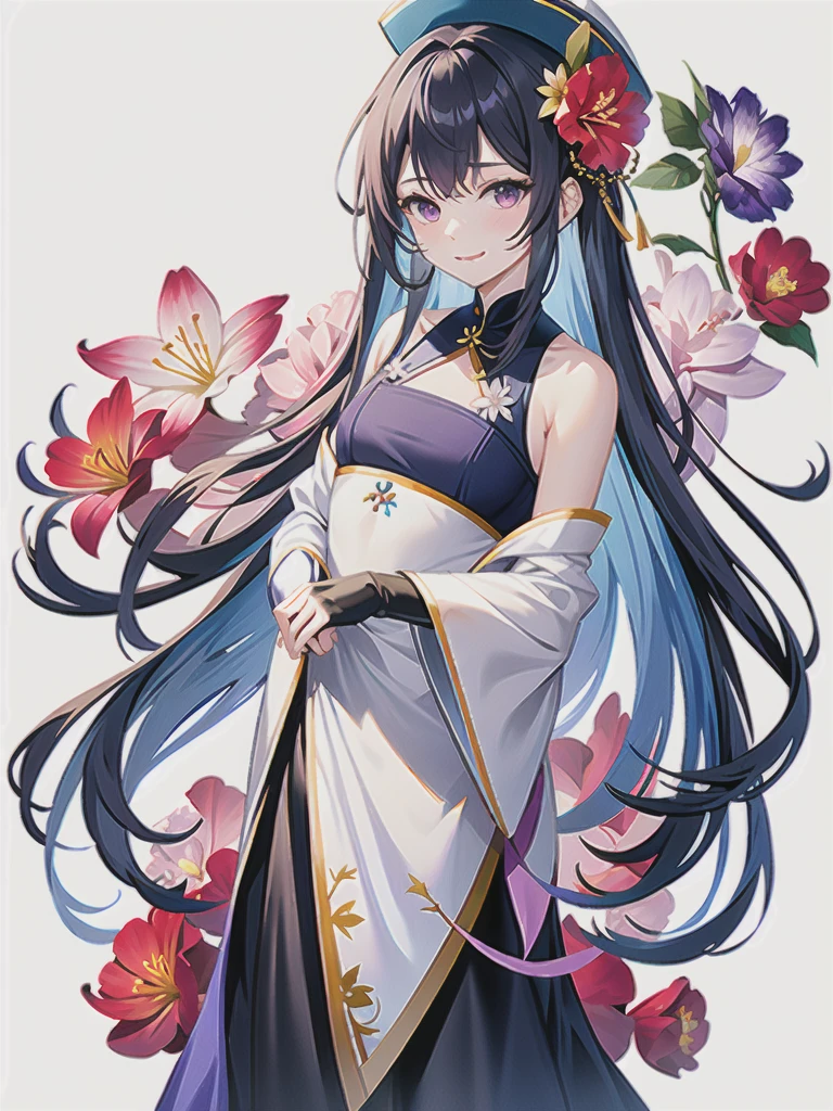 1girl, blue_hair,  bangs, bare_shoulders, black_gloves, blue_flower, bow, breasts, camellia, covering_mouth, daisy, eyebrows_visible_through_hair, floral_background, flower, flower_\(symbol\), ganyu_\(genshin_impact\), gloves, hair_flower, hair_ornament, hat_flower, hibiscus, holding_flower, hydrangea, lily_\(flower\), long_hair, looking_at_viewer, lotus, petals, pink_flower, purple_eyes, purple_flower, red_flower, smile, snowflake_background, snowflakes, solo, upper_body, white_background, white_flower 