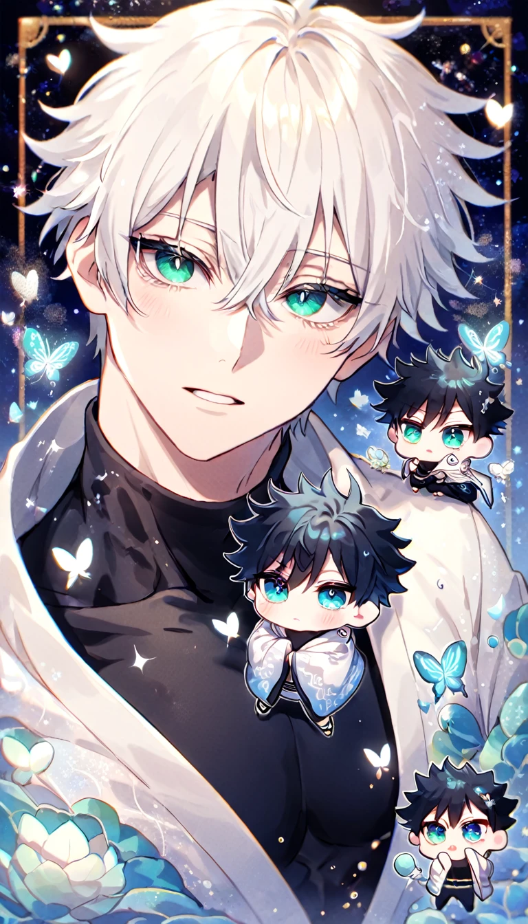 Ultra detailed, Highres, absurdres, HDR, Gojo Satoru, white hair with bangs, expressive blue eyes, hair between the eyes, white eyelashes, white haori with patterns, Jujutsu Kaisen, black tight shirt, fantasy, glittering blue butterflies, petals, handsome, sexy man, very detailed eyes and face, master piece, glittering, blue lotus, blue sapphire background, hugging Fushiguro Megumi chibi, black hair, expressive green eyes, cute, love, magical, toned chest