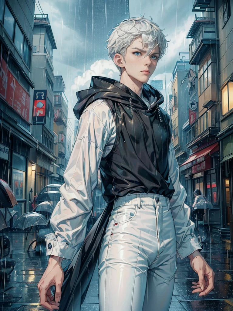 ((4K works))、​masterpiece、(top-quality)、One beautiful boy、Slim body、tall、((Black Y-shirt and white pants、Charming street style))、Please wear one jacket、Wearing a hood to hide his face、(Detailed beautiful eyeorning City、((Rainy city))、Fashionable city with morning rain、During the walk、((Bright, Cloudy sky))、((Face similar to Carly Rae Jepsen))、((Short-haired white hair))、((Smaller face))、((Neutral face))、((Bright blue eyes))、((American adult male))、((Adult male 26 years old))、((Cool Men))、((Like a celebrity))、((Glaring at him with a wild expression))、((Korean Makeup))、((elongated and sharp eyes))、((Happy dating))、((boyish))、((Upper body photography))、Professional Photoodel photo))、((Shot alone))、((He's under the roof))、((Looking up at the sky))、((photographed from the back))、((He is looking upwards))、((His eyes are looking upwards))、((Increase the angle of the face))、((He is walking in front of the viewer))