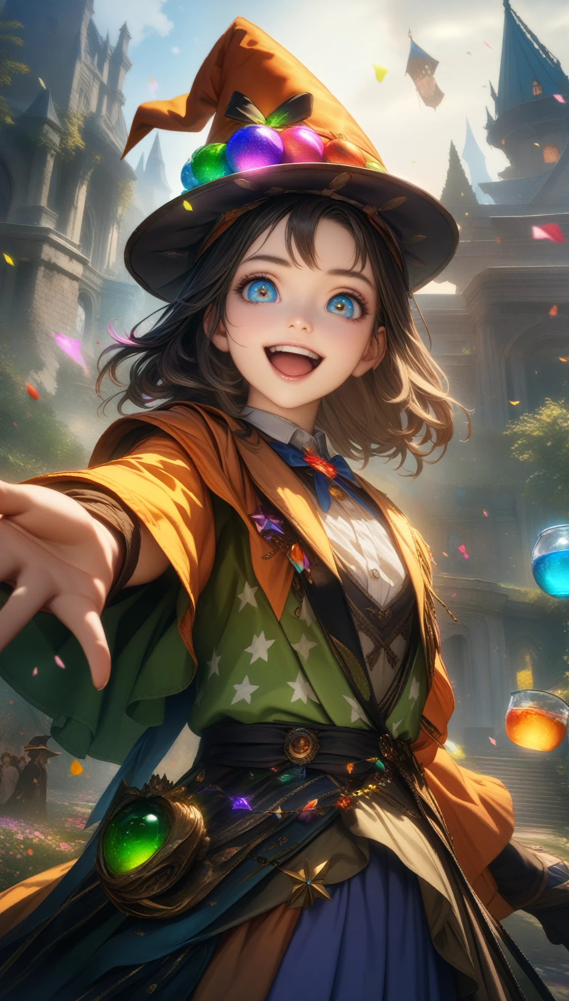 32k, best quality, ultra high res, HDR, UHD, extremely detailed CG, unity 32k wallpaper, masterpiece, highest quality, magic使いのティーパーティー, magic tea party, magic, Little, Handsome witch, Highly detailed realistic eyes, Happy, Vibrant, colorful,