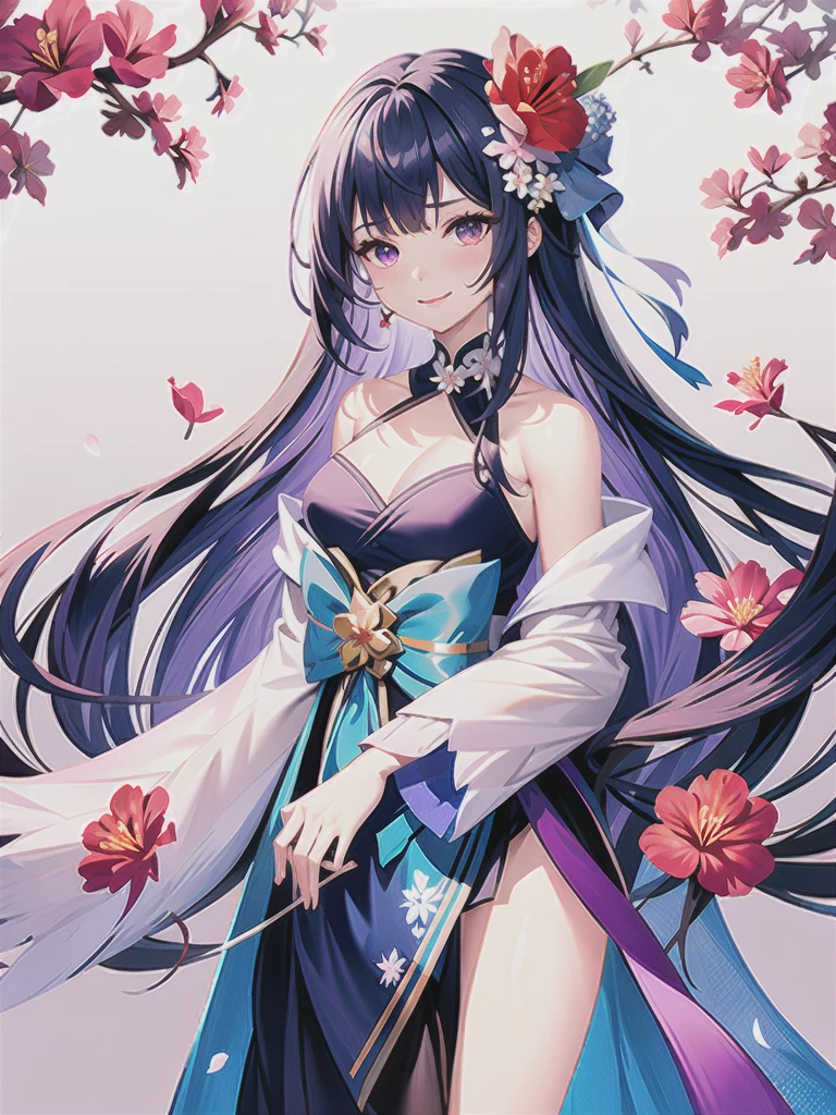 1girl, blue_hair,  bangs, bare_shoulders, black_gloves, blue_flower, bow, breasts, camellia, covering_mouth, daisy, eyebrows_visible_through_hair, floral_background, flower, flower_\(symbol\), ganyu_\(genshin_impact\), gloves, hair_flower, hair_ornament, hat_flower, hibiscus, holding_flower, hydrangea, lily_\(flower\), long_hair, looking_at_viewer, lotus, petals, pink_flower, purple_eyes, purple_flower, red_flower, smile, snowflake_background, snowflakes, solo, upper_body, white_background, white_flower 