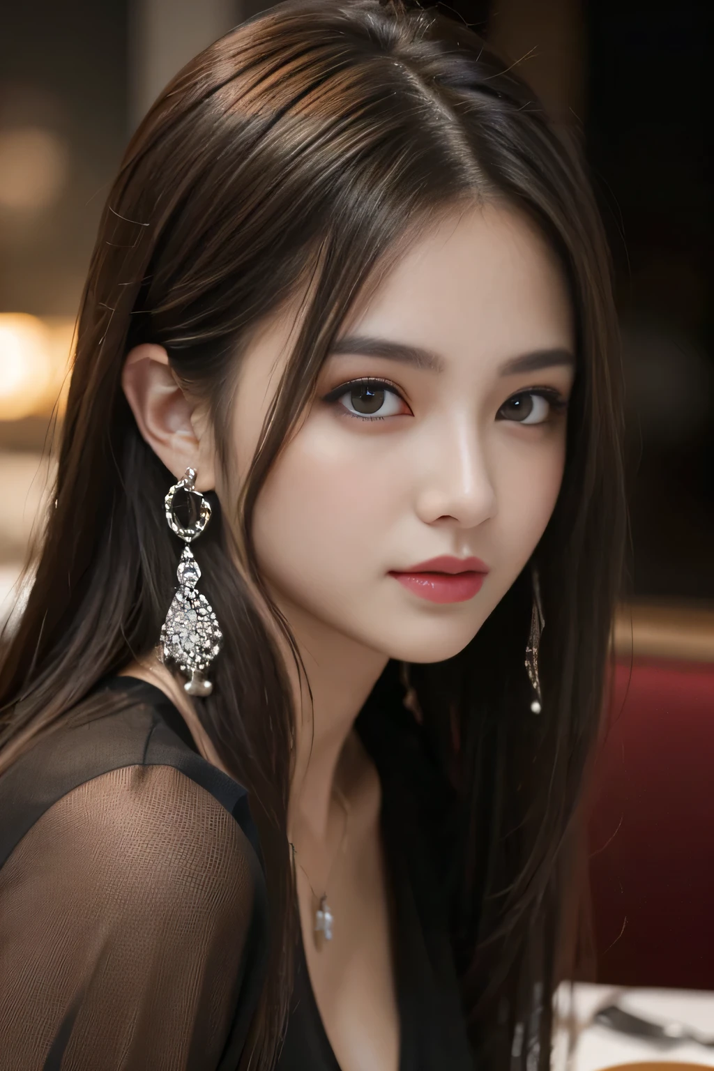 masterpiece, highest quality, Realistic, Very detailed, Finer details, High resolution, 8k wallpaper, One beautiful woman, Wear a black see-through shirt, In a great restaurant, At night, Light brown messy hair, Perfect dynamic composition, Beautiful and beautiful eyes、Big earrings