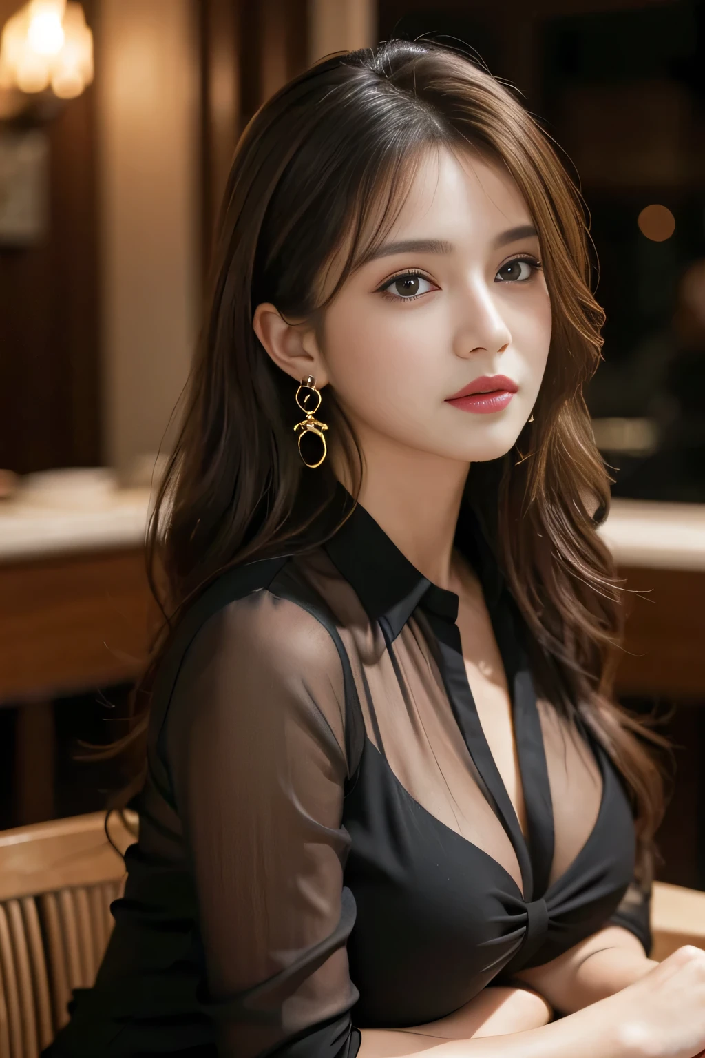 masterpiece, highest quality, Realistic, Very detailed, Finer details, High resolution, 8k wallpaper, One beautiful woman, Wear a black see-through shirt, In a great restaurant, At night, Light brown messy hair, Perfect dynamic composition, Beautiful and beautiful eyes、Big earrings