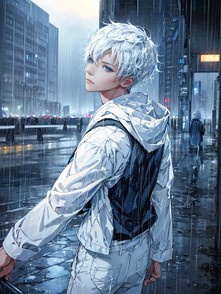 ((4K works))、masterpiece、(top-quality)、One beautiful boy、Slim body、tall、((Black Y-shirt and white pants、Charming street style))、Please wear one jacket、Wearing a hood to hide his face、(Detailed beautiful eyeorning City、((Rainy city))、Fashionable city with morning rain、During the walk、((Bright, Cloudy sky))、((Face similar to Carly Rae Jepsen))、((Short-haired white hair))、((Smaller face))、((Neutral face))、((Bright blue eyes))、((American adult male))、((Adult male 26 years old))、((Cool Men))、((Like a celebrity))、((Glaring at him with a wild expression))、((Korean Makeup))、((elongated and sharp eyes))、((Happy dating))、((boyish))、((Upper body photography))、Professional Photoodel photo))、((Shot alone))、((He's under the roof))、((Looking up at the sky))、((photographed from the back))、((He is looking upwards))、((His eyes are looking upwards))、((Increase the angle of the face))、((He is walking in front of the viewer))