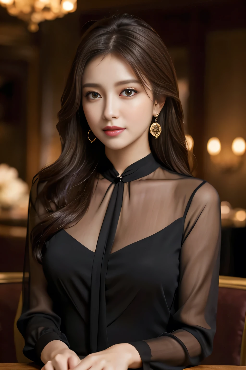 masterpiece, highest quality, Realistic, Very detailed, Finer details, High resolution, 8k wallpaper, One beautiful woman, Wear an elegant black see-through blouse, In a great restaurant, At night, Light brown messy hair, Perfect dynamic composition, Beautiful and beautiful eyes、Big earrings