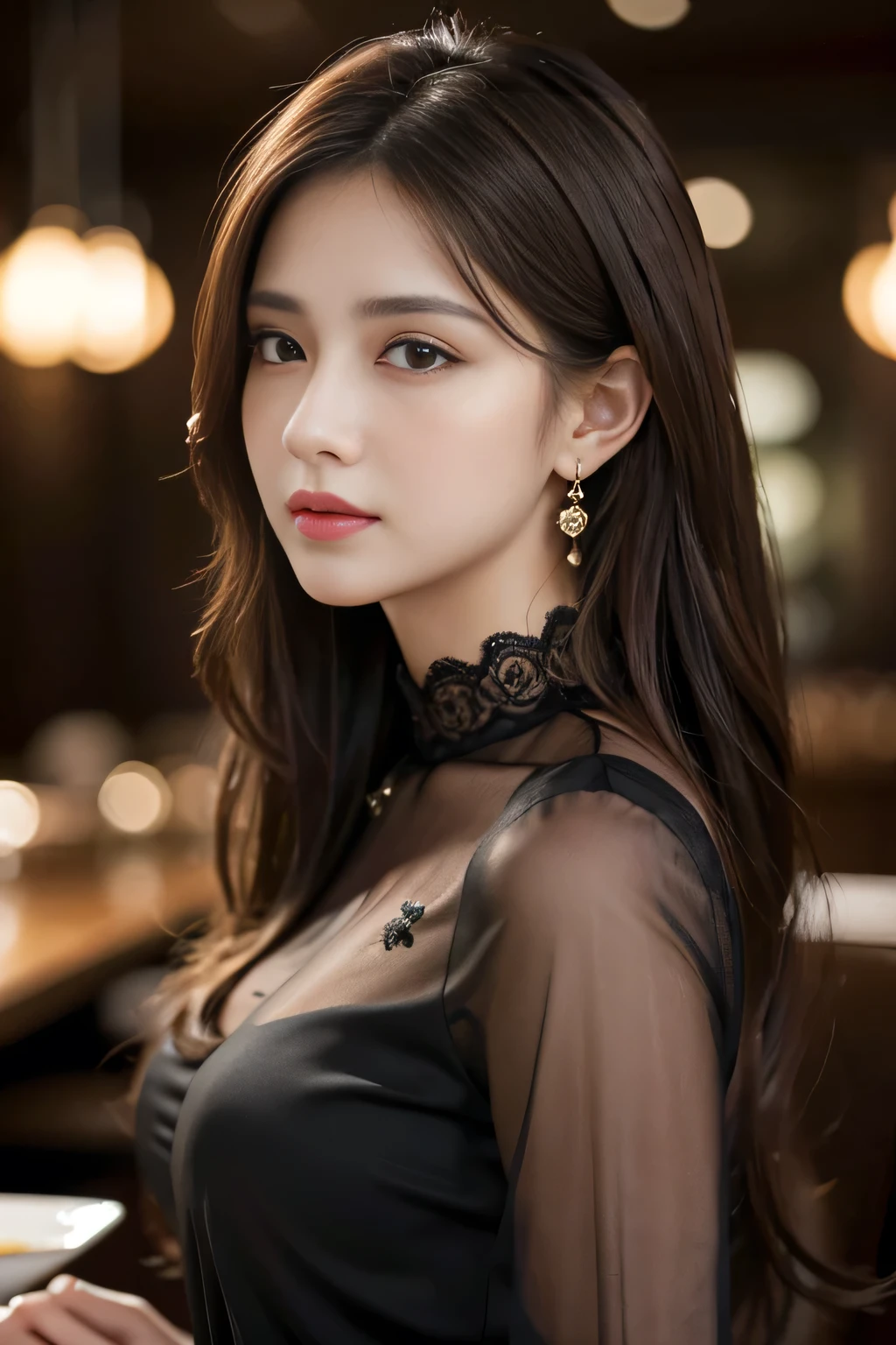 masterpiece, highest quality, Realistic, Very detailed, Finer details, High resolution, 8k wallpaper, One beautiful woman, Wear an elegant black see-through blouse, In a great restaurant, At night, Light brown messy hair, Perfect dynamic composition, Beautiful and beautiful eyes、Big earrings