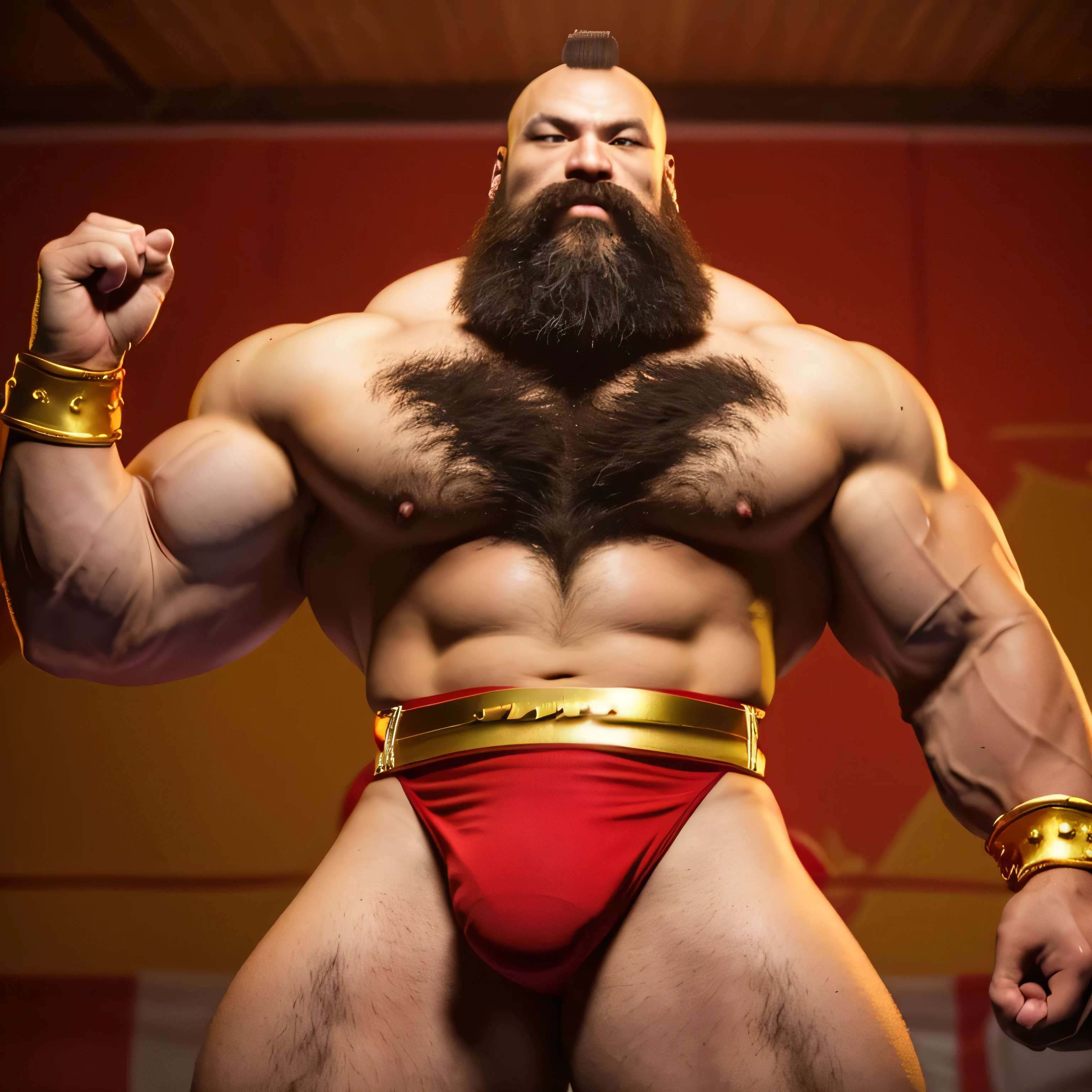 zangief,a man with a beard and a golden belt, fighting game character, street fighter 5,muscled humanoid,heavy looking,buff man,wrestler,Red short briefs,capcom,street fighter,shirtless,muscular male,chest hair,visually weighty,bearded man,mohawk hair,Red Wrestling Boots((best quality)), ((masterpiece)), (detailed), perfect face