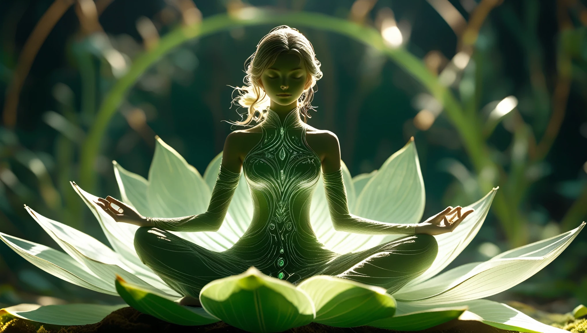 high resolution meditation, Ultra Detailed, (1 girl:1.3),(lotus),golden,BREAK Sunlight, reverberation, Experimental photography, Surreal contrasts, Eye-Catching Visuals, Artistic abstraction,
Break the art of cutting, layered silhouette, complex pattern, exquisite craft, shadow play, Depth and size, creative expression,
break art, Frozen sculpture, translucent form, short-lived beauty, Crystal structure, exquisite craft, touching, lotus pose,
break green eye,body glow,Glowing Line,fluorescence,Glow Example,Tracking example,flash,萤light particles,Backlight,translucent,light particles