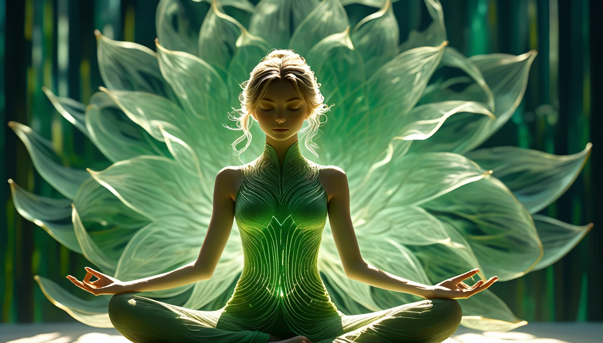 high resolution meditation, Ultra Detailed, (1 girl:1.3),(lotus),golden,BREAK Sunlight, reverberation, Experimental photography, Surreal contrasts, Eye-Catching Visuals, Artistic abstraction,
Break the art of cutting, layered silhouette, complex pattern, exquisite craft, shadow play, Depth and size, creative expression,
break art, Frozen sculpture, translucent form, short-lived beauty, Crystal structure, exquisite craft, touching, lotus pose,
break green eye,body glow,Glowing Line,fluorescence,Glow Example,Tracking example,flash,萤light particles,Backlight,translucent,light particles
