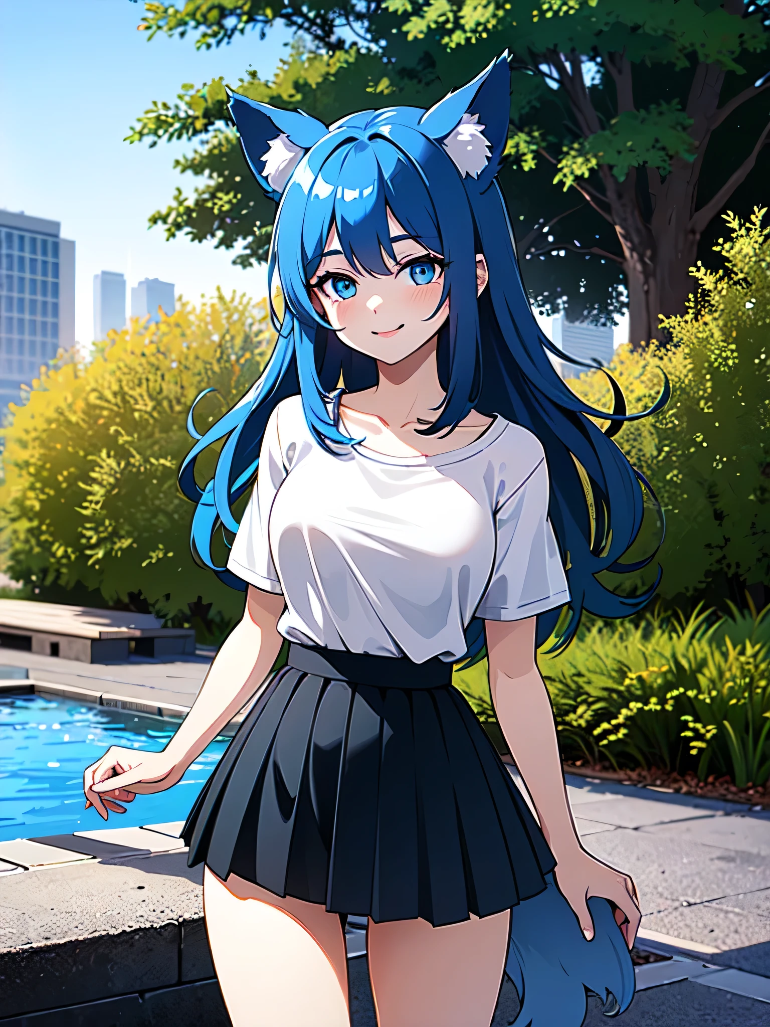 (Masterpiece) (High Detail) (High Res) A short slim humanoid girl with pale human skin and blue eyes and long blue hair and blue dog ears and a fluffy blue dog tail and medium breasts. She is stood outside in the park and is smiling shyly. She is wearing a pleated skirt and white t-shirt.