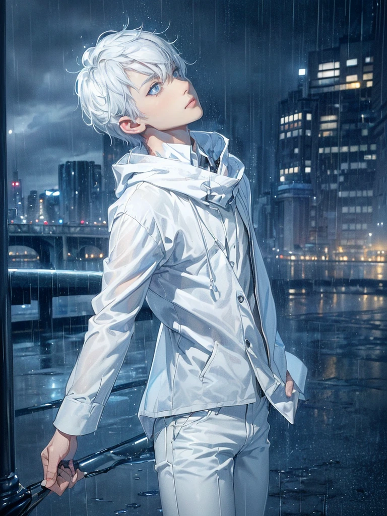 ((4K works))、masterpiece、(top-quality)、One beautiful boy、Slim body、tall、((Black Y-shirt and white pants、Charming street style))、Please wear one jacket、Wearing a hood to hide his face、(Detailed beautiful eyeorning City、((Rainy city))、Fashionable city with morning rain、During the walk、((Bright, Cloudy sky))、((Face similar to Carly Rae Jepsen))、((Short-haired white hair))、((Smaller face))、((Neutral face))、((Bright blue eyes))、((American adult male))、((Adult male 26 years old))、((Cool Men))、((Like a celebrity))、((Glaring at him with a wild expression))、((Korean Makeup))、((elongated and sharp eyes))、((Happy dating))、((boyish))、((Upper body photography))、Professional Photoodel photo))、((Shot alone))、((He's under the roof))、((Looking up at the sky))、((photographed from the back))、((He is looking upwards))、((His eyes are looking upwards))、((Increase the angle of the face))、((He is walking in front of the viewer))
