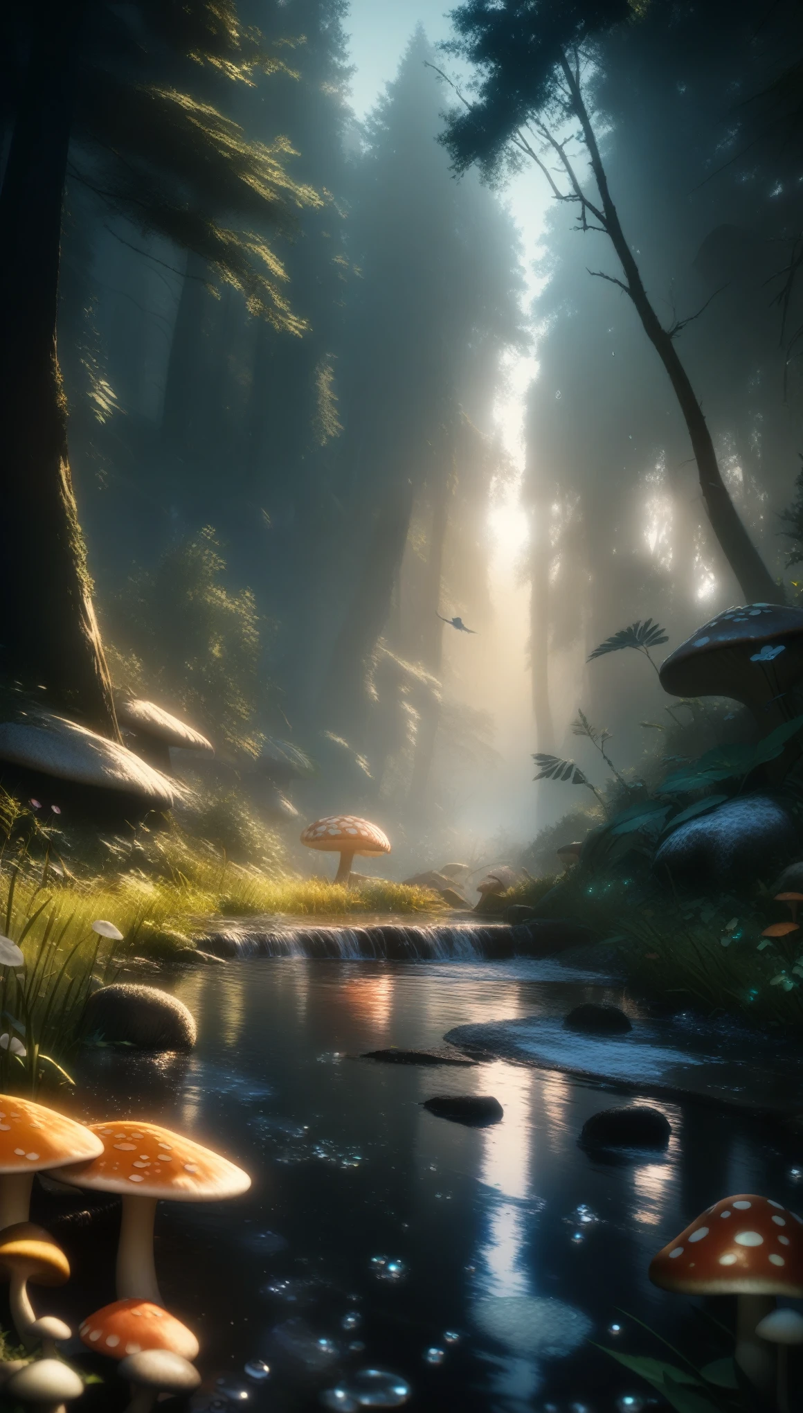 32k, best quality, ultra high res, HDR, UHD, extremely detailed CG, unity 32k wallpaper, masterpiece, Macro photo of a bird drinking water in the forest, evening, mushroom, Dew Drops, High Contrast, Studio Ghibli style, Very complex, Very detailed, Photorealistic Style,