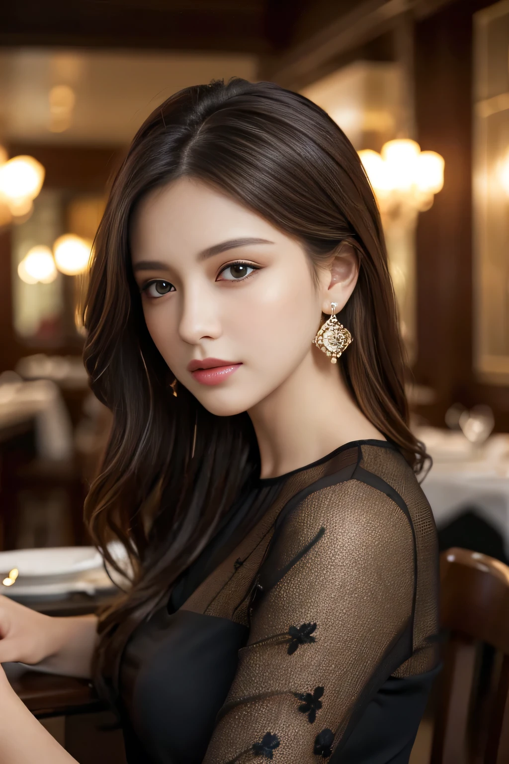 masterpiece, highest quality, Realistic, Very detailed, Finer details, High resolution, 8k wallpaper, One beautiful woman, Wear an elegant black see-through blouse, In a great restaurant, At night, Light brown messy hair, Perfect dynamic composition, Beautiful and beautiful eyes、Big earrings