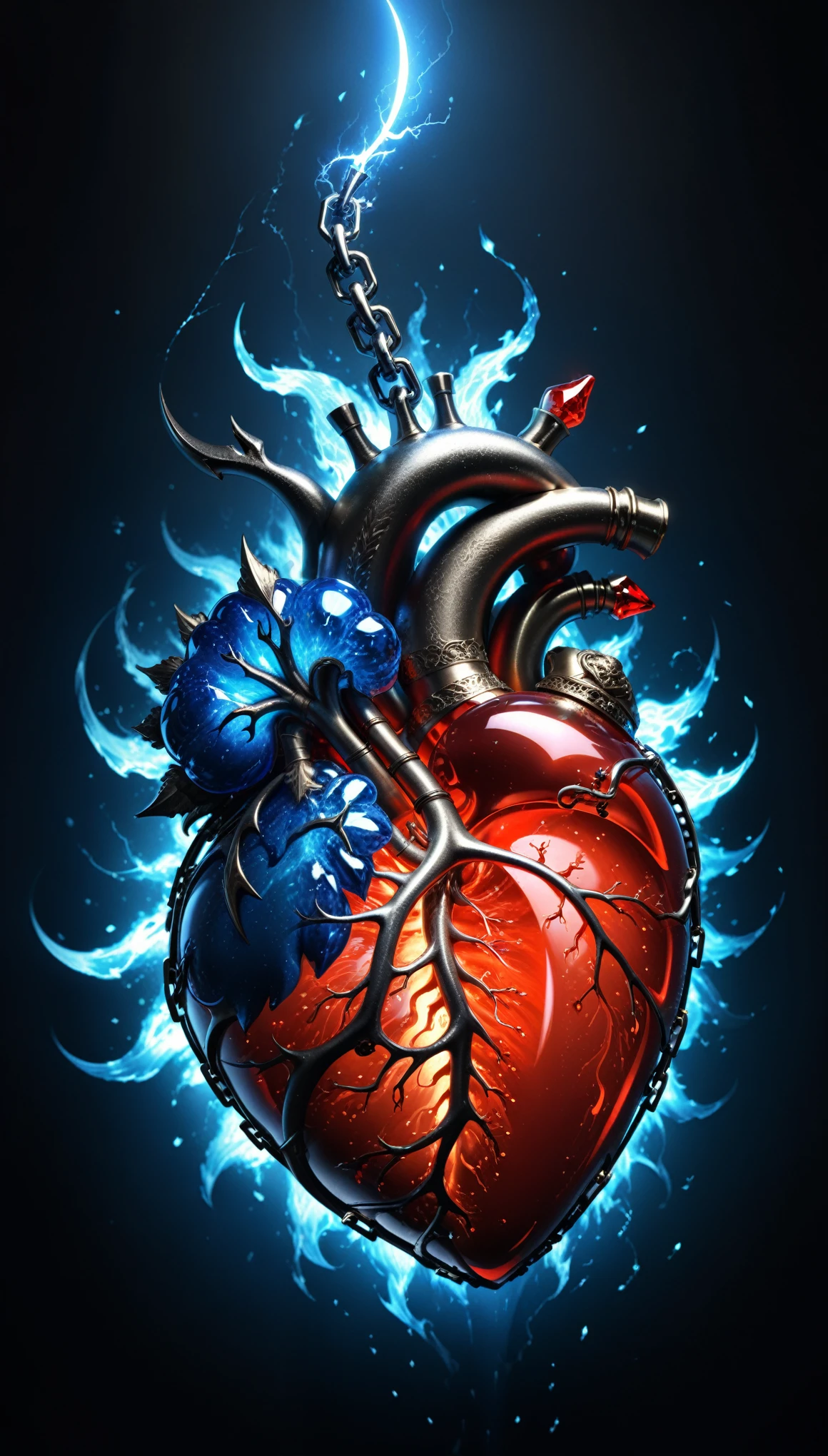 in style of John Bauer,in style of Karol Bak,
conceptual design of the transparent glass human heart (organ),(a glowing glass heart (organ) entangle in a metal chain and lightning bolt:1.3),(blue fire heart (organ) closeup:1.4),(blue fire draws lines:1.6),
(the red crescent moon background:1.4),sharp,sharp image,(insanely detailed and intricate, hypermaximalist, elegant, ornate, hyper realistic, super detailed:1.1),extremely detailed,Amazing resolution,8k,Ray Tracing,masterpiece,Particle Effects,Beautiful Effects,
BREAK
(darkness:1.4),(extreme shadows:1.4),(Best Shadow:1.4),dark atmosphere,