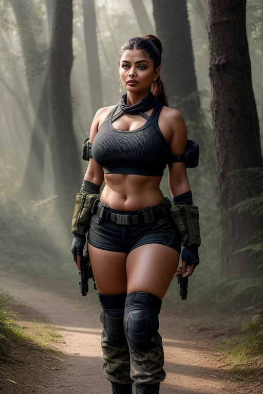Sunrise scene, full body 45YO MILF AISHWARYA RAI, army lady with guns, smirking face, sweaty cleavage, MEDIUM breasts, mature milf thick curvy figure, posing in forest, wearing camouflage shorts and black knotted crop top, army boots, wet hair, sexy jawline, seductive face, look at camera and winking, black ponytail hair, erotic adult face, 45yo, soft volumetric lights, (backlit:1.3), intricate details, (ArtStation:1.2)