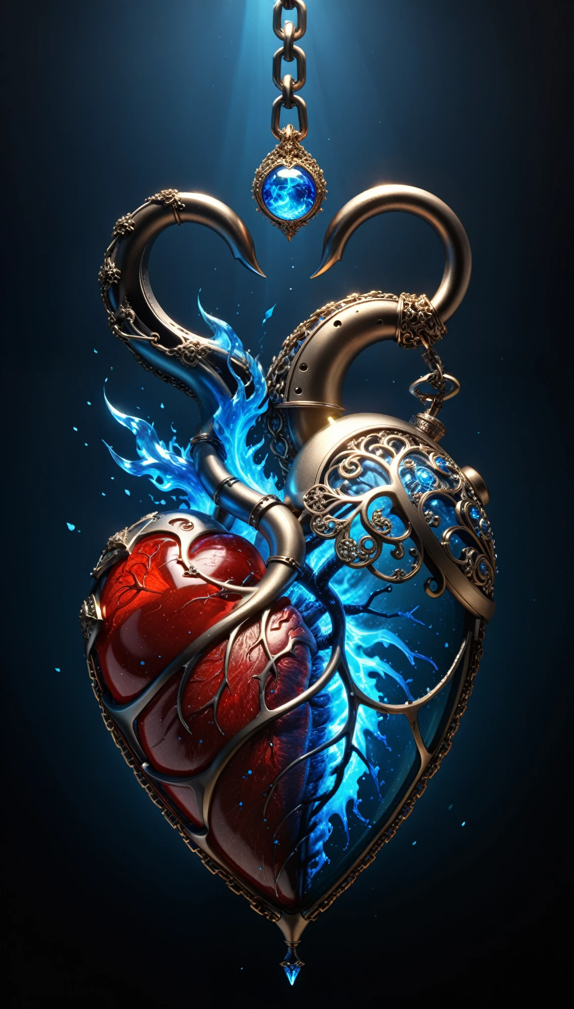 in style of John Bauer,in style of Karol Bak,
conceptual design of the transparent glass human heart (organ),(a glowing glass heart (organ) entangle in a metal chain and lightning bolt:1.3),(blue fire heart (organ) closeup:1.4),(blue fire draws lines:1.6),
(the red crescent moon background:1.4),sharp,sharp image,(insanely detailed and intricate, hypermaximalist, elegant, ornate, hyper realistic, super detailed:1.1),extremely detailed,Amazing resolution,8k,Ray Tracing,masterpiece,Particle Effects,Beautiful Effects,
BREAK
(darkness:1.4),(extreme shadows:1.4),(Best Shadow:1.4),dark atmosphere,