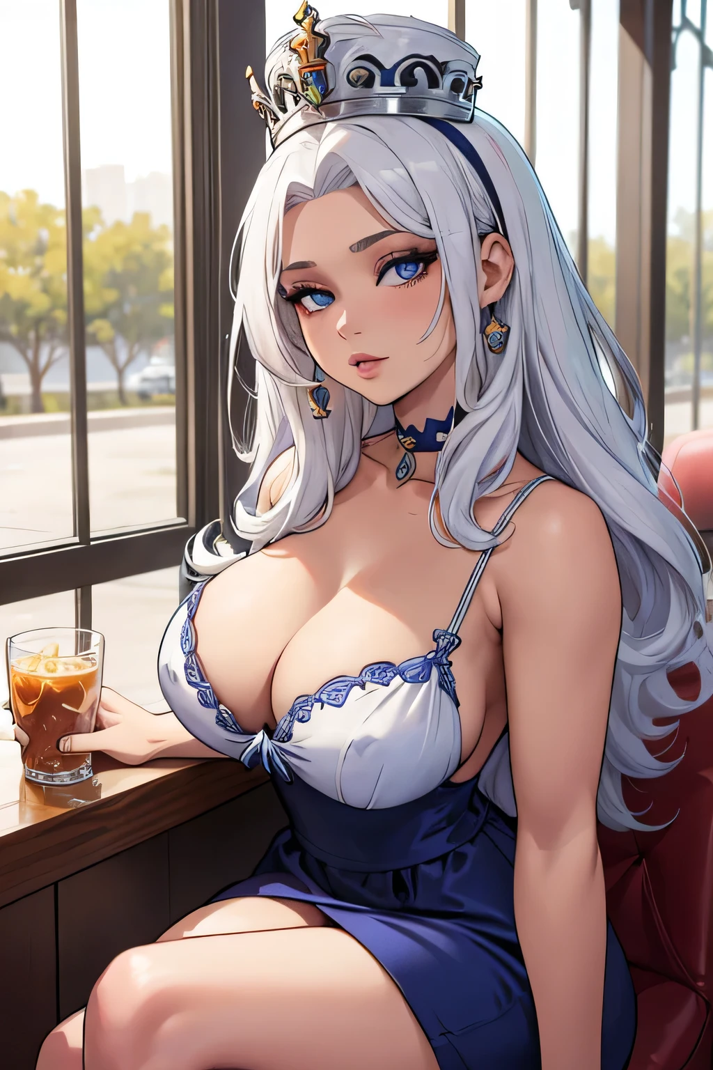 diosa griega mujer albina de cabello muy largo, sentada en una cafeteria elegante, ojos azules y pelo albino largo, diosa griega con ropa de diosa y corona de laureles en su cabeza