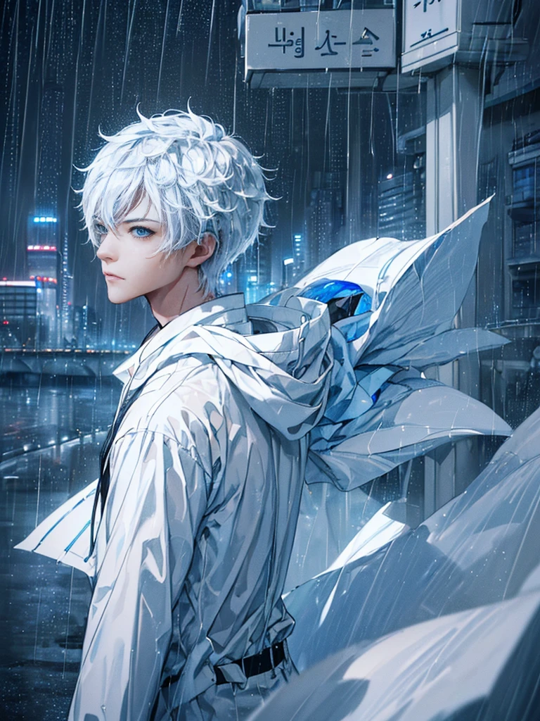 ((4K works))、​masterpiece、(top-quality)、One beautiful boy、Slim body、tall、((Black Y-shirt and white pants、Charming street style))、Please wear one jacket、Wearing a hood to hide his face、(Detailed beautiful eyeorning City、((Rainy city))、Fashionable city with morning rain、During the walk、((Bright, Cloudy sky))、((Face similar to Carly Rae Jepsen))、((Short-haired white hair))、((Smaller face))、((Neutral face))、((Bright blue eyes))、((American adult male))、((Adult male 26 years old))、((Cool Men))、((Like a celebrity))、((Glaring at him with a wild expression))、((Korean Makeup))、((elongated and sharp eyes))、((Happy dating))、((boyish))、((Upper body photography))、Professional Photoodel photo))、((Shot alone))、((He's under the roof))、((Looking up at the sky))、((photographed from the back))、((He is looking upwards))、((His eyes are looking upwards))、((Increase the angle of the face))、((He is walking in front of the viewer))