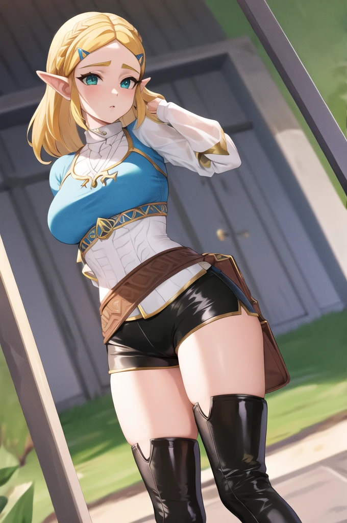 Princess zelda with perfect breasts wearing tight black leather shorts showing her thick legs, white high boots 