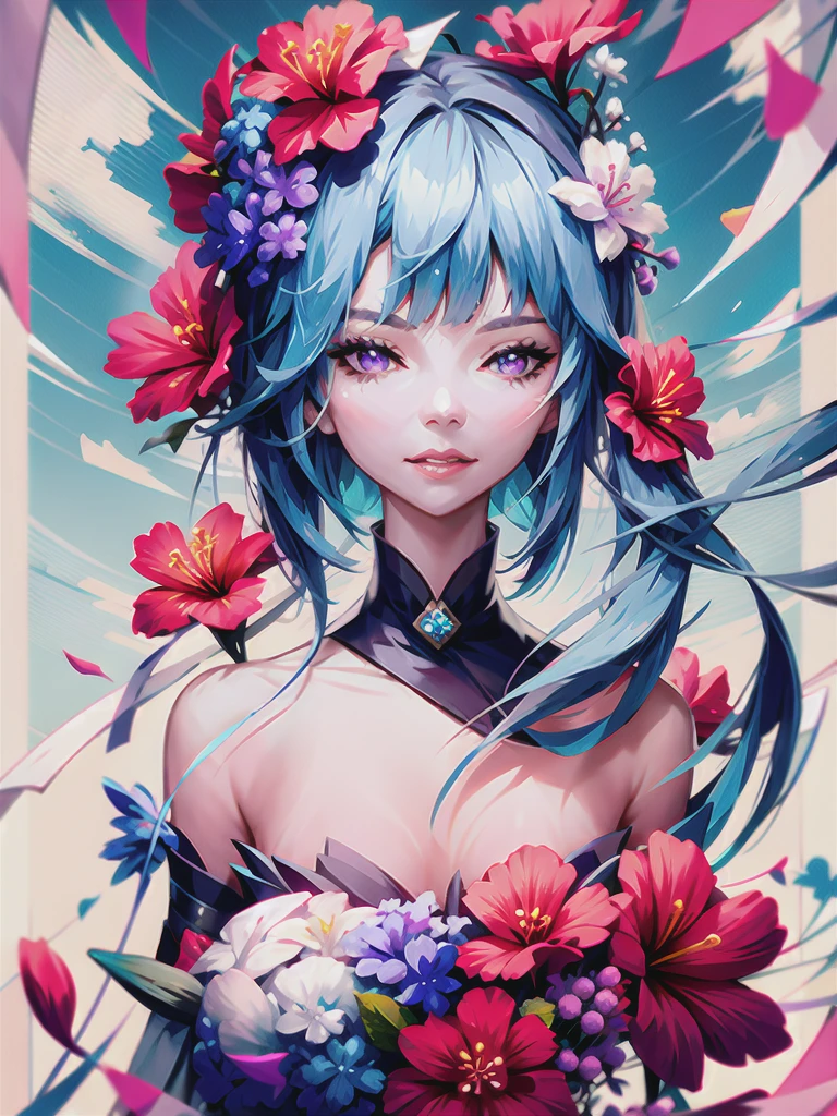 1girl, blue_hair,  bangs, bare_shoulders, black_gloves, blue_flower, bow, breasts, camellia, covering_mouth, daisy, eyebrows_visible_through_hair, floral_background, flower, flower_\(symbol\), ganyu_\(genshin_impact\), gloves, hair_flower, hair_ornament, hat_flower, hibiscus, holding_flower, hydrangea, lily_\(flower\), long_hair, looking_at_viewer, lotus, petals, pink_flower, purple_eyes, purple_flower, red_flower, smile, snowflake_background, snowflakes, solo, upper_body, white_background, white_flower 