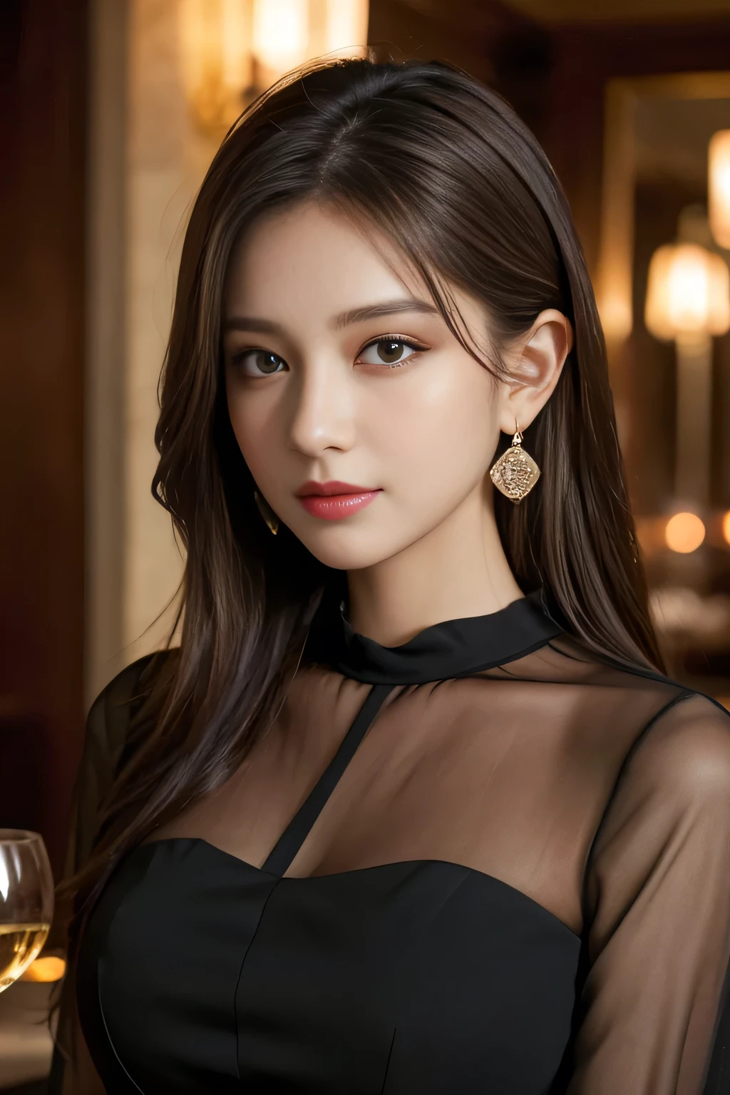 masterpiece, highest quality, Realistic, Very detailed, Finer details, High resolution, 8k wallpaper, One beautiful woman, Wear an elegant black see-through blouse, In a great restaurant, At night, Light brown messy hair, Perfect dynamic composition, Beautiful and beautiful eyes、Big earrings