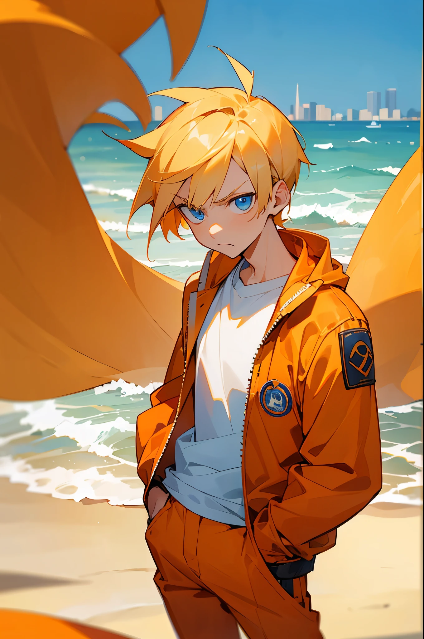 short blonde hair, blue eyes, monkey tail, orange pants, white shirt, in the city, , youngboy, upper body, angry face, on a beach, arms in pockets, orange jacket
