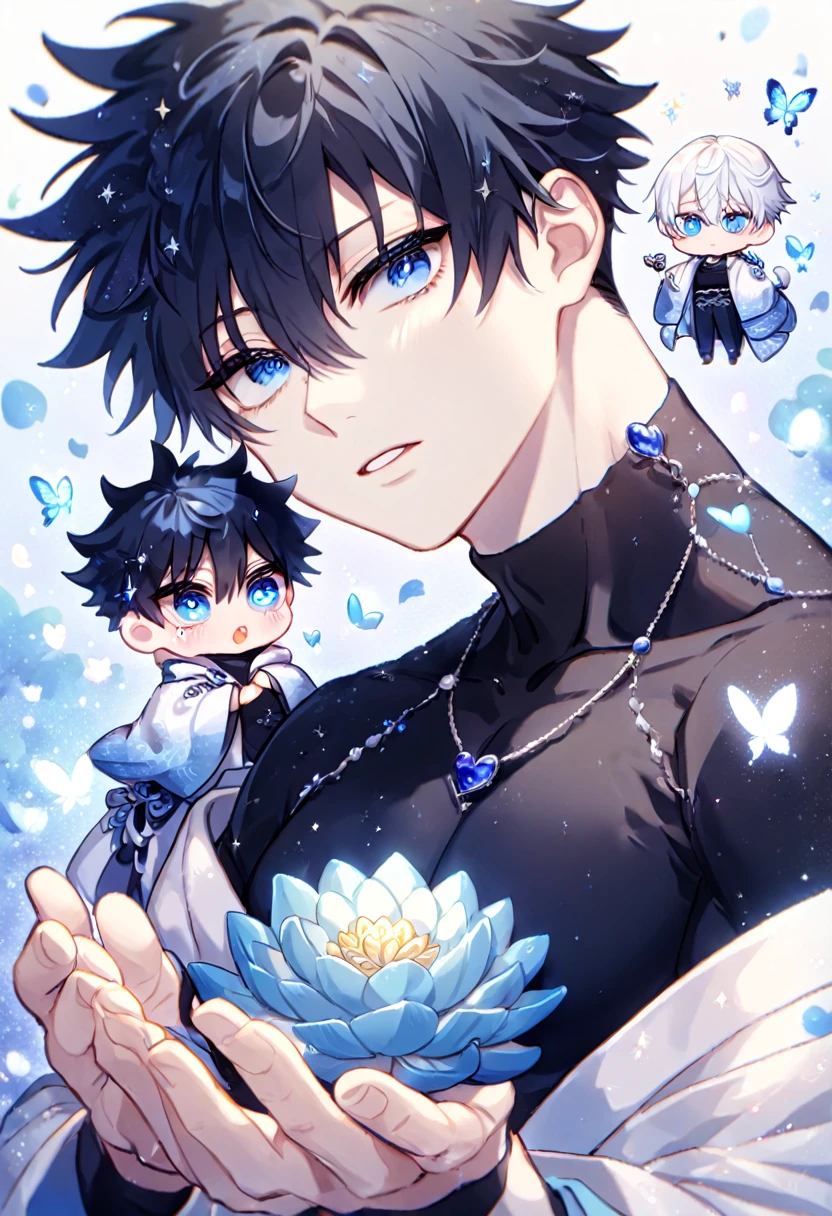 Ultra detailed, Highres, absurdres, HDR, Gojo Satoru, white hair with bangs, expressive blue eyes, hair between the eyes, white eyelashes, white haori with patterns, Jujutsu Kaisen, black tight shirt, fantasy, glittering blue butterflies, petals, handsome, sexy man, very detailed eyes and face, master piece, glittering, blue lotus, blue sapphire background, hugging Fushiguro Megumi chibi, black hair, cute, love, magical, toned chest, yaoi, gay couple
