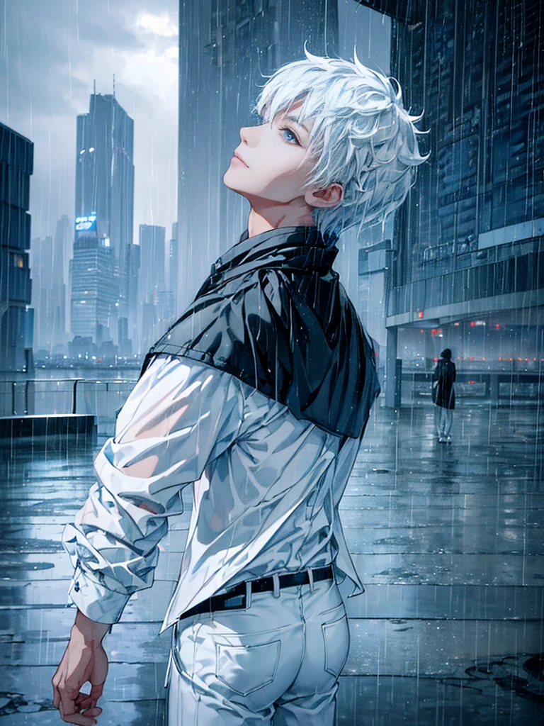((4K works))、masterpiece、(top-quality)、One beautiful boy、Slim body、tall、((Black Y-shirt and white pants、Charming street style))、Please wear one jacket、Wearing a hood to hide his face、(Detailed beautiful eyeorning City、((Rainy city))、Fashionable city with morning rain、During the walk、((Bright, Cloudy sky))、((Face similar to Carly Rae Jepsen))、((Short-haired white hair))、((Smaller face))、((Neutral face))、((Bright blue eyes))、((American adult male))、((Adult male 26 years old))、((Cool Men))、((Like a celebrity))、((Glaring at him with a wild expression))、((Korean Makeup))、((elongated and sharp eyes))、((Happy dating))、((boyish))、((Upper body photography))、Professional Photoodel photo))、((Shot alone))、((He's under the roof))、((Looking up at the sky))、((photographed from the back))、((He is looking upwards))、((His eyes are looking upwards))、((Increase the angle of the face))、((He is walking in front of the viewer))