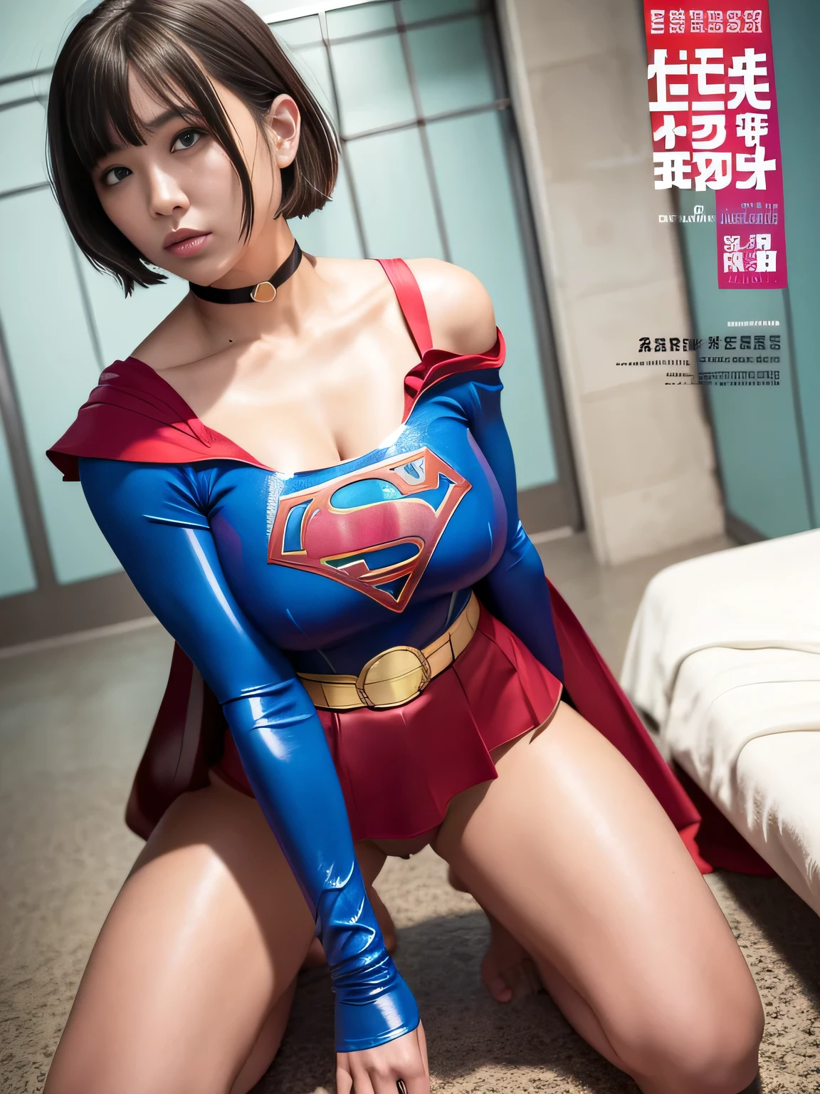 masterpiece、Supergirl Costume、short hair、barefoot、Big and ample breasts、Crisis situation、Complete surrender、Rough prison、Abused、Kneel、shiny sweaty skin、looking at the camera、Rusty Cage、choker、Long sleeve、Sexy poses to seduce、Poor environment、Humiliating、Off the shoulder、latex、Weekly magazine cover style、