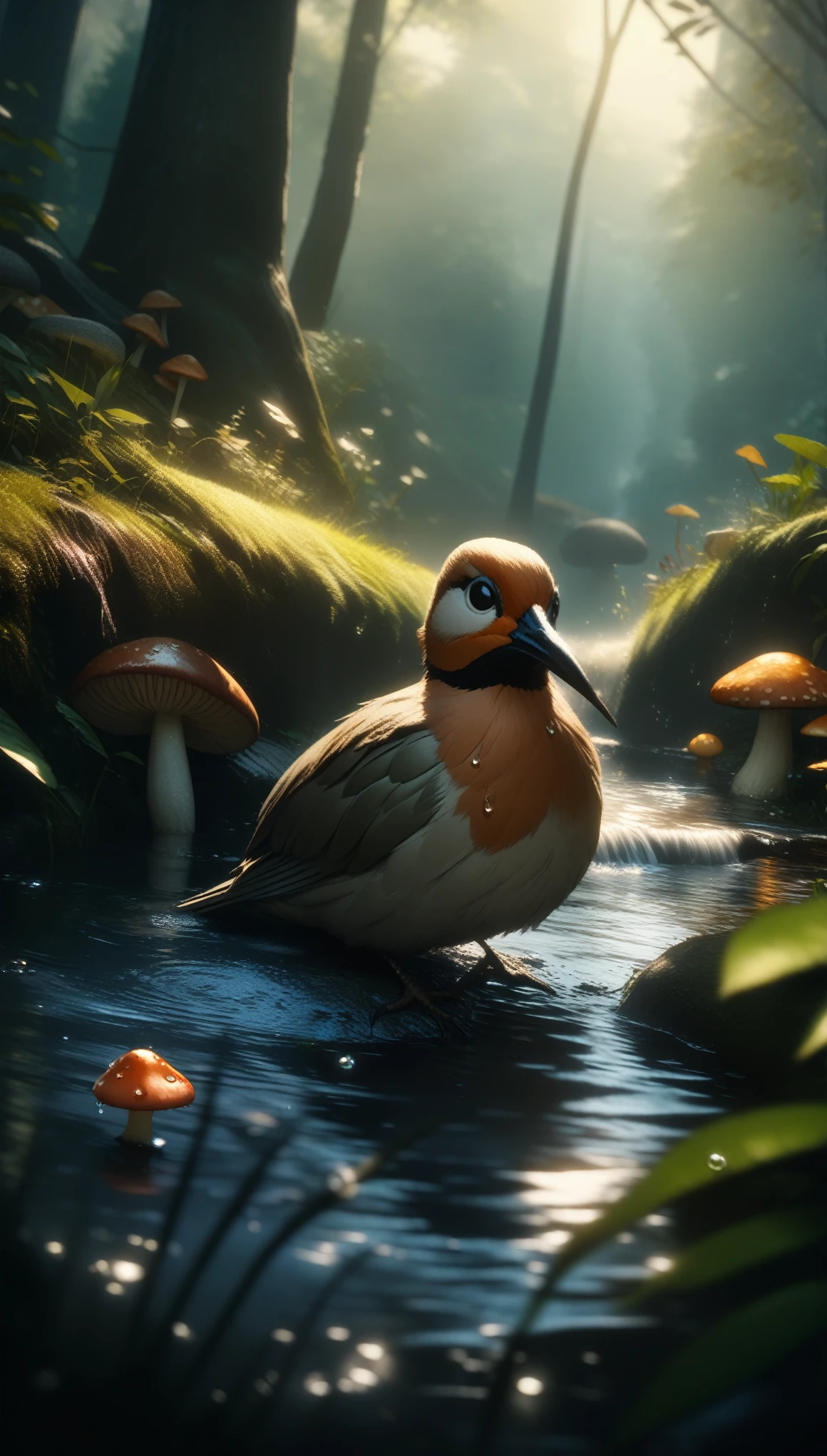 32k, best quality, ultra high res, HDR, UHD, extremely detailed CG, unity 32k wallpaper, masterpiece, Macro photo of a bird drinking water in the forest, evening, mushroom, Dew Drops, High Contrast, Studio Ghibli style, Very complex, Very detailed, Photorealistic Style,