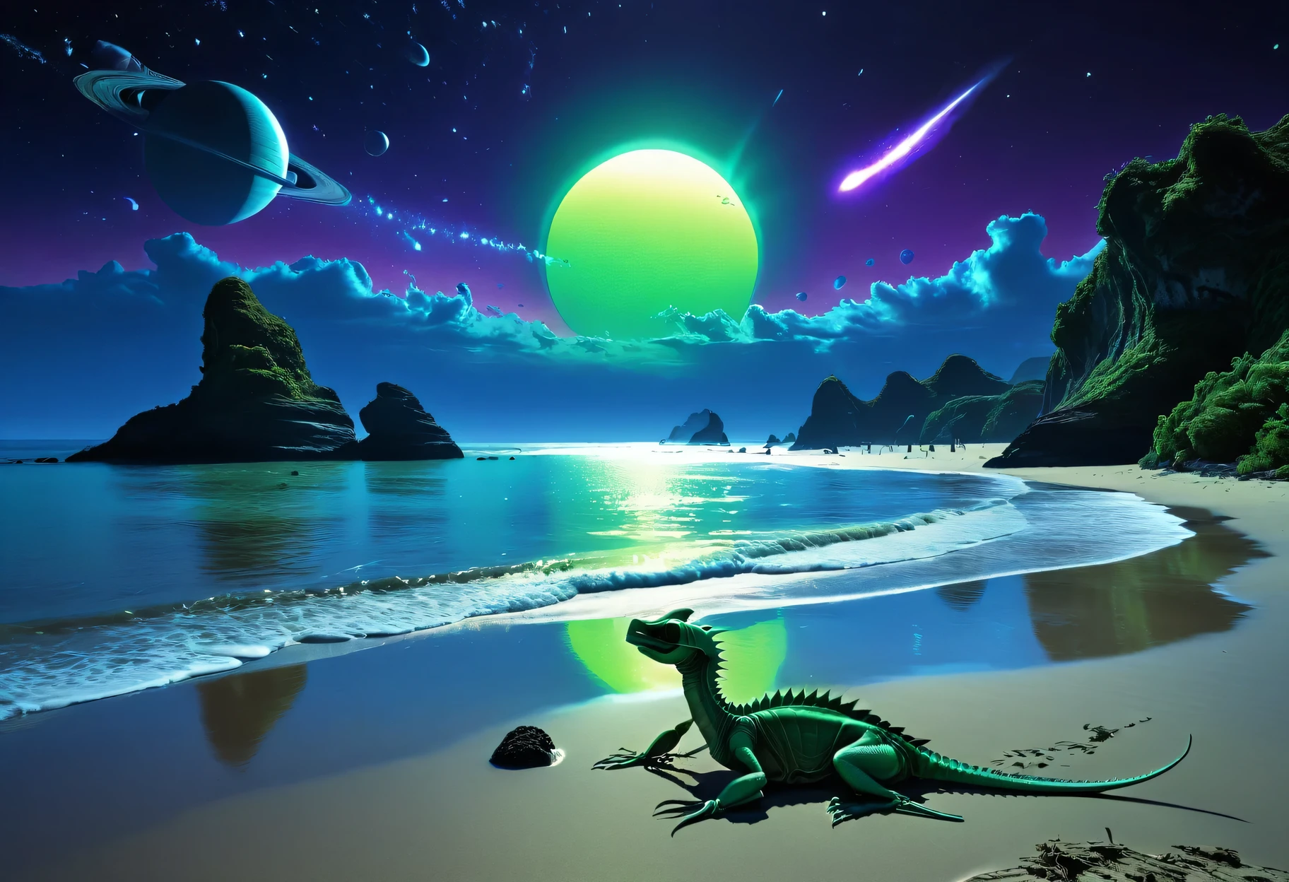 Beach dawn, morning, alien planet, alien fauna, alien sea beach, alien technology, alien planets and unknown constellations in the morning sky, alien green sun rises on the alien horizon, fantastic Beach dawn on an alien planet, alien fantastic scenery, alien pterodactyls, ultraviolet, neon, strobe light, cinematic frame, extremely detailed, (hand-drawn cartoon style)