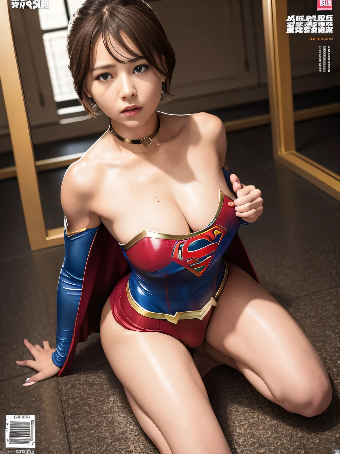 masterpiece、Supergirl Costume、short hair、barefoot、Big and ample breasts、Crisis situation、Complete surrender、Rough prison、Abused、Kneel、shiny sweaty skin、looking at the camera、Rusty Cage、choker、Long sleeve、Sexy poses to seduce、Poor environment、Humiliating、Off the shoulder、latex、Weekly magazine cover style、