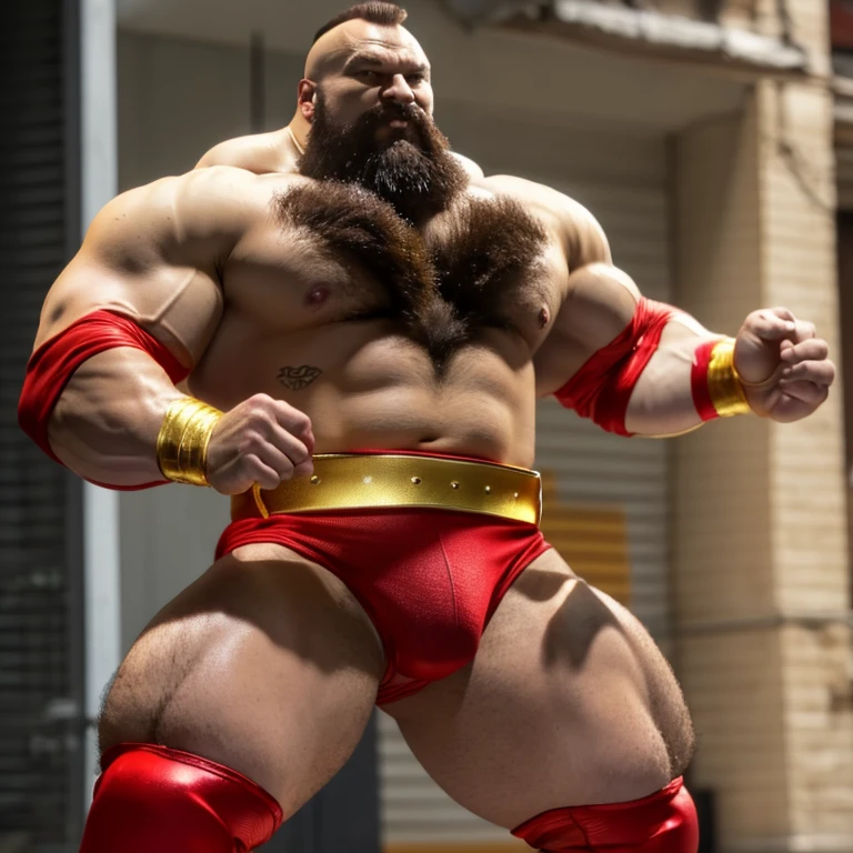 zangief,a man with a beard and a golden belt, fighting game character, street fighter 5,muscled humanoid,heavy looking,buff man,wrestler,Red short briefs,capcom,street fighter,shirtless,muscular male,chest hair,visually weighty,bearded man,mohawk hair,Red Wrestling Boots((best quality)), ((masterpiece)), (detailed), perfect face