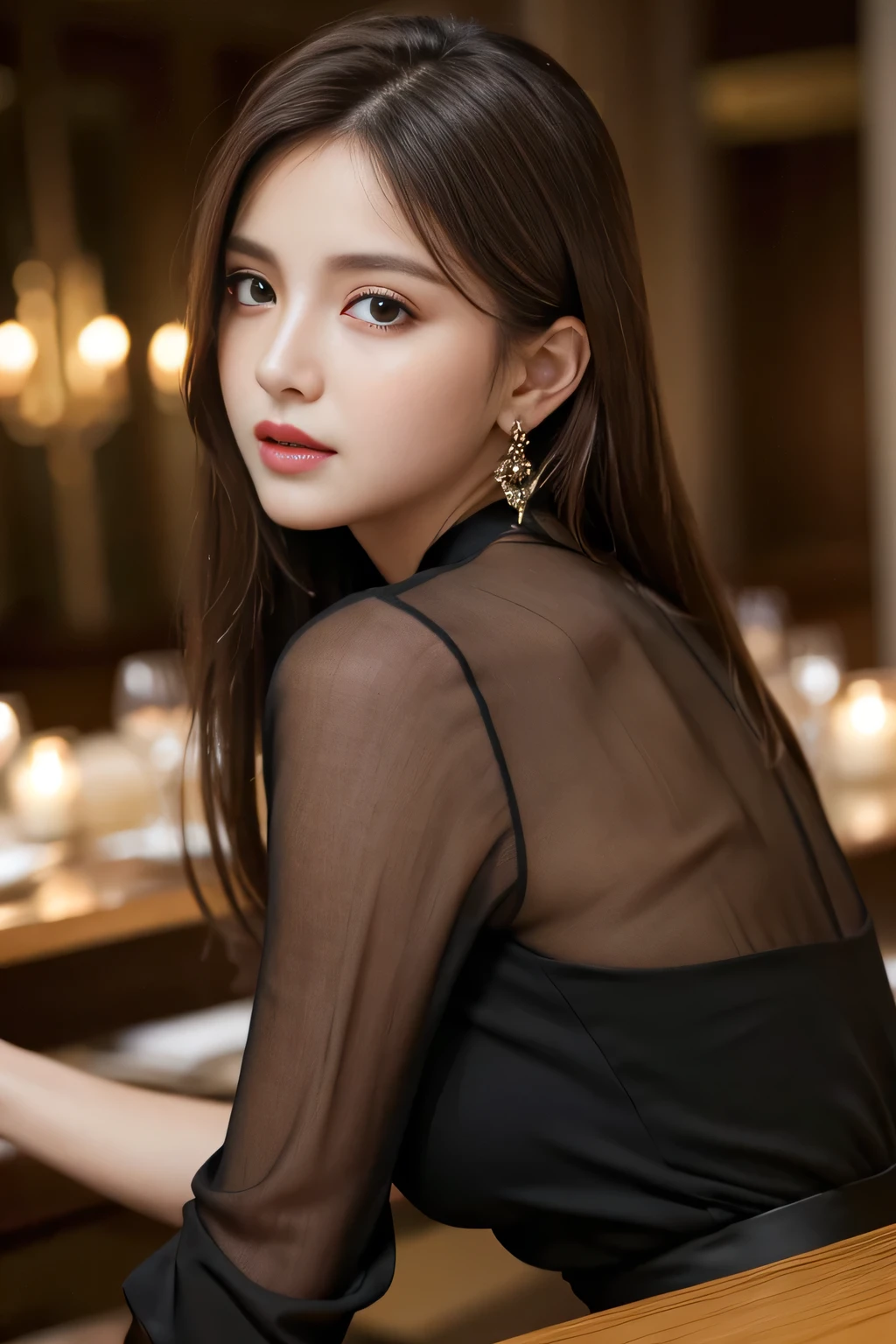 masterpiece, highest quality, Realistic, Very detailed, Finer details, High resolution, 8k wallpaper, One beautiful woman, Wear an elegant black see-through blouse, In a great restaurant, At night, Light brown messy hair, Perfect dynamic composition, Beautiful and beautiful eyes、Big earrings