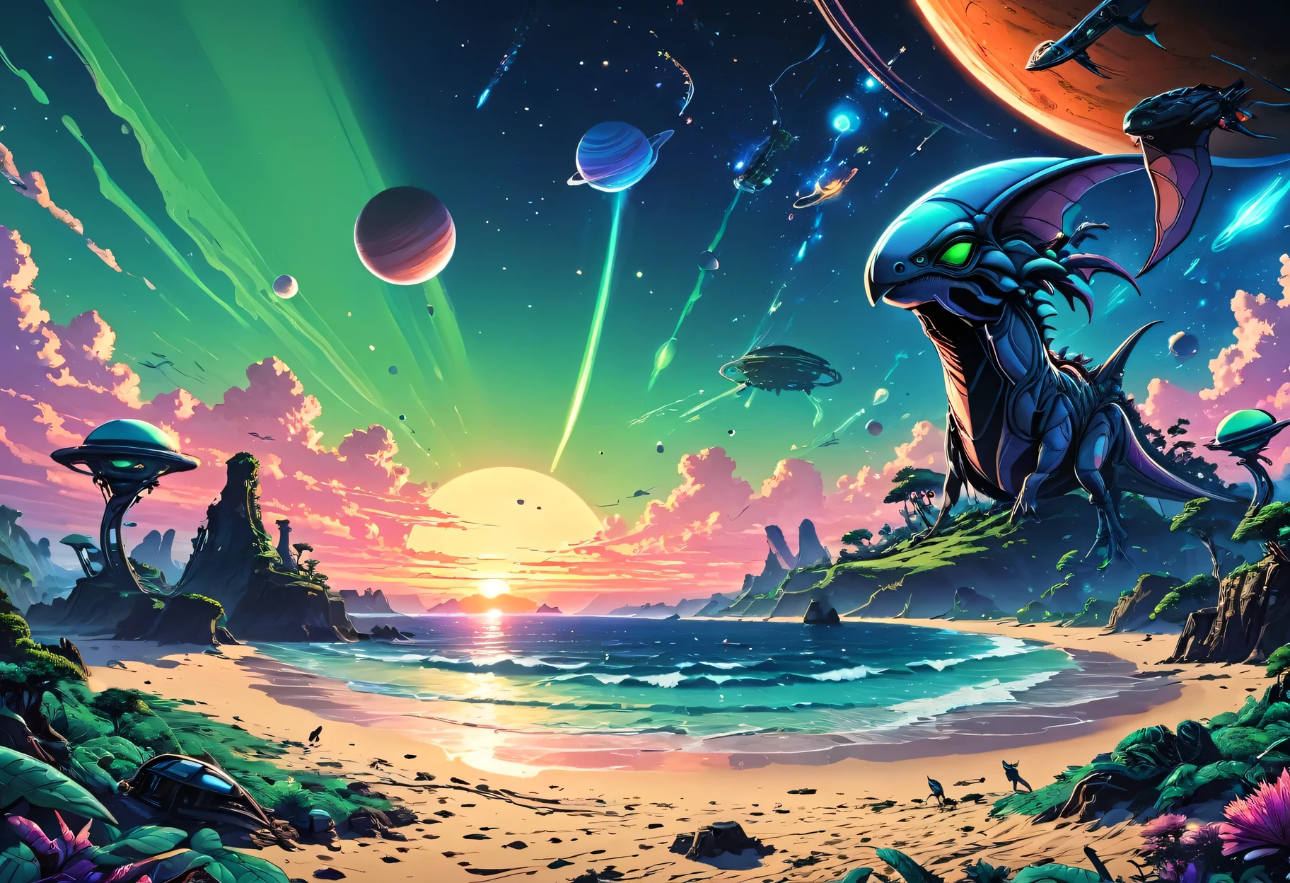 Beach dawn, morning, alien planet, alien fauna, alien sea beach, alien technology, alien planets and unknown constellations in the morning sky, alien green sun rises on the alien horizon, fantastic Beach dawn on an alien planet, alien fantastic scenery, alien pterodactyls, ultraviolet, neon, strobe light, cinematic frame, extremely detailed, (hand-drawn cartoon style)