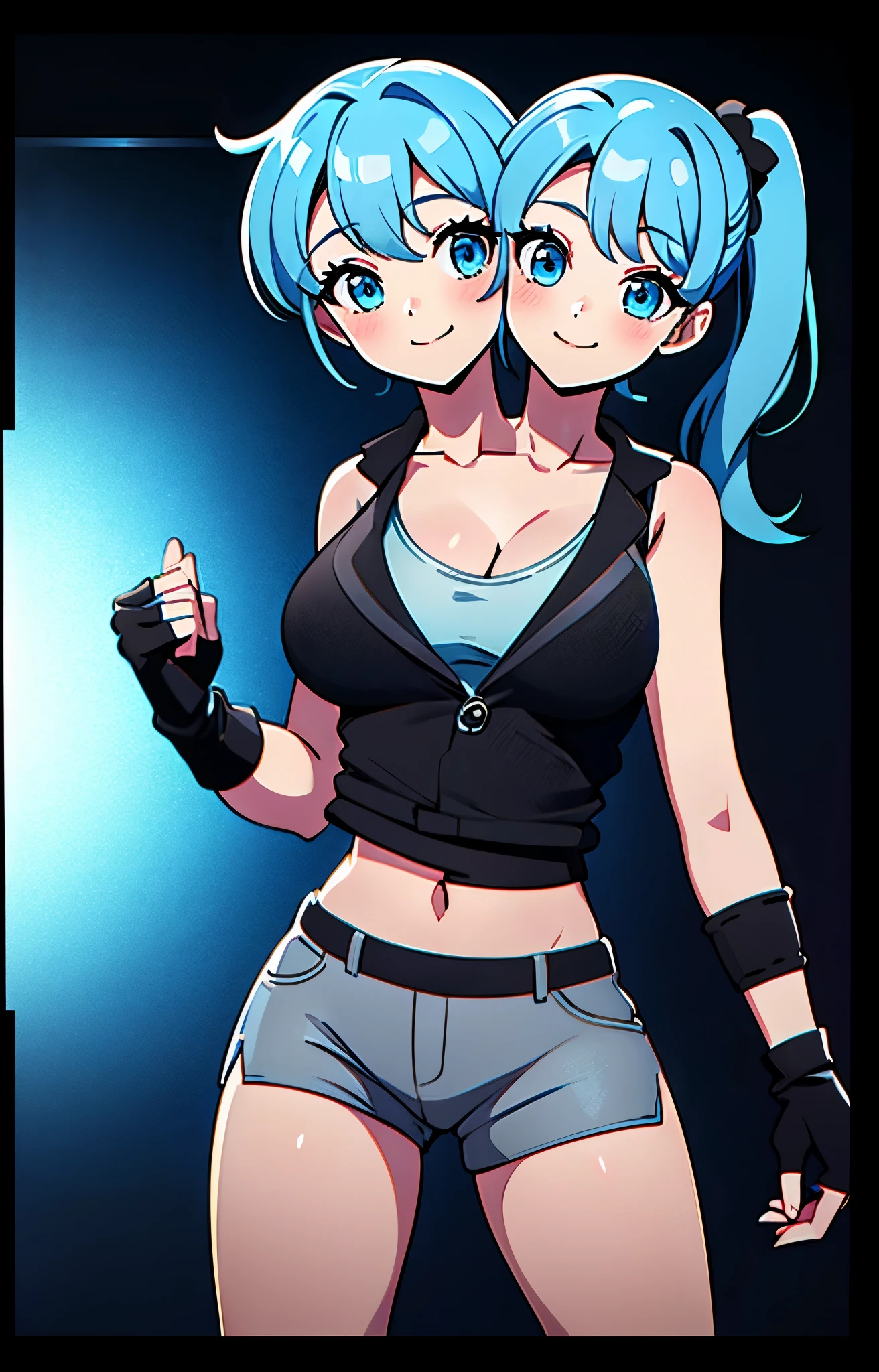 best quality, (masterpiece),(ultra-detailed), (high quality), (high resolution), ((2heads:1.5)), best quality:1.5, highres, UHD, 16K), smiling, highres, masterpiece, ((light blue hair)), ((ponytails:1.5)), long hair,blushing, blue eyes, ((cinematic particles)), grey shorts, (black fingerless gloves), cowboy shot, ((black sleeveless jacket over a gray tank top)), exposed midriff, ((sleeveless jacket)), college grounds