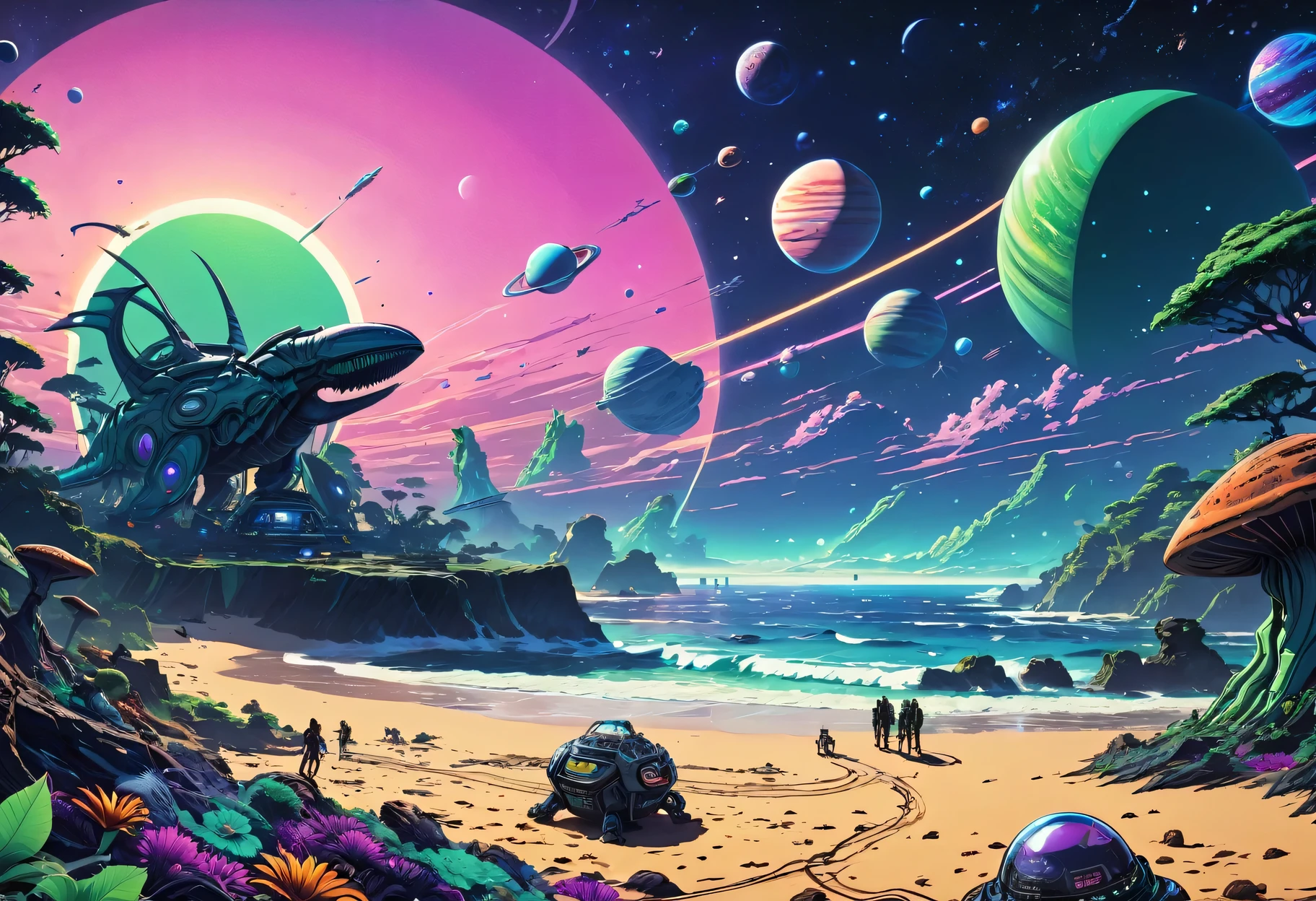 Beach dawn, morning, alien planet, alien fauna, alien sea beach, alien technology, alien planets and unknown constellations in the morning sky, alien green sun rises on the alien horizon, fantastic Beach dawn on an alien planet, alien fantastic scenery, alien pterodactyls, ultraviolet, neon, strobe light, cinematic frame, extremely detailed, (hand-drawn cartoon style)