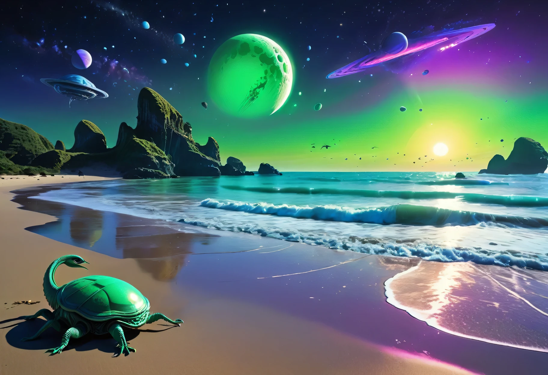 Beach dawn, morning, alien planet, alien fauna, alien sea beach, alien technology, alien planets and unknown constellations in the morning sky, alien green sun rises on the alien horizon, fantastic Beach dawn on an alien planet, alien fantastic scenery, alien birds in the morning sky, ultraviolet, neon, strobe light, cinematic frame, extremely detailed, (hand-drawn cartoon style)