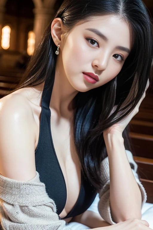 , (Mature body), Solitary,Long gray hair,black hair color, Off-shoulder, black eyes,1 Sister,A sexy pose,best quality,masterpiece,Lighting,Extremely exquisite and beautiful,CG,Unite,8k wallpaper,Astonishing,detailed,masterpiece,Official Art,The content is very detailed Cg Unite 8k wallpaper,Extremely ridiculous,Huge file size,ultra - detailed,high resolution,The content is very detailed,Beautiful and delicate girl,Practical,full,Inside the church,Light Contrast, Lopez, Full body image, full, White under underwear