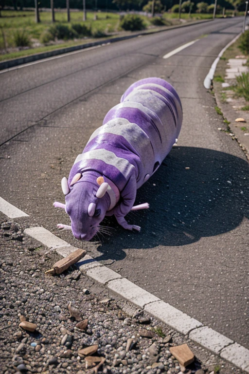 purple caterpillar, thin, pale, light, on a trackless road