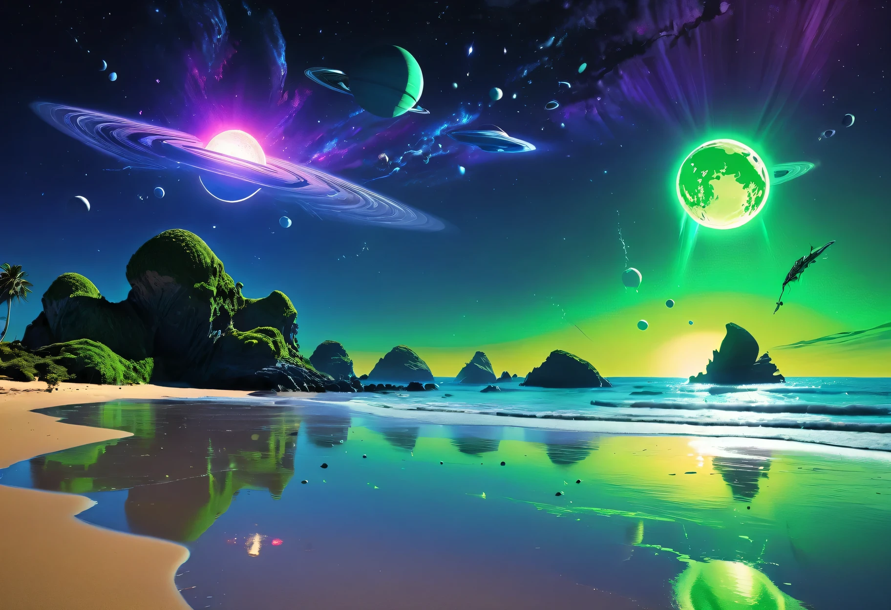 Beach dawn, morning, alien planet, alien fauna, alien sea beach, alien technology, alien planets and unknown constellations in the morning sky, alien green sun rises on the alien horizon, fantastic Beach dawn on an alien planet, alien fantastic scenery, alien birds in the morning sky, ultraviolet, neon, strobe light, cinematic frame, extremely detailed, (hand-drawn cartoon style)