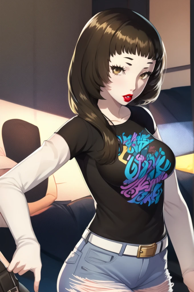 masterpiece, best quality, ichinosep5s, long hair, brown hair, blunt bangs, 1girl, solo, black t-shirt, white shirt, blue jeans, belt, lipstick, large breasts, layered sleeves,